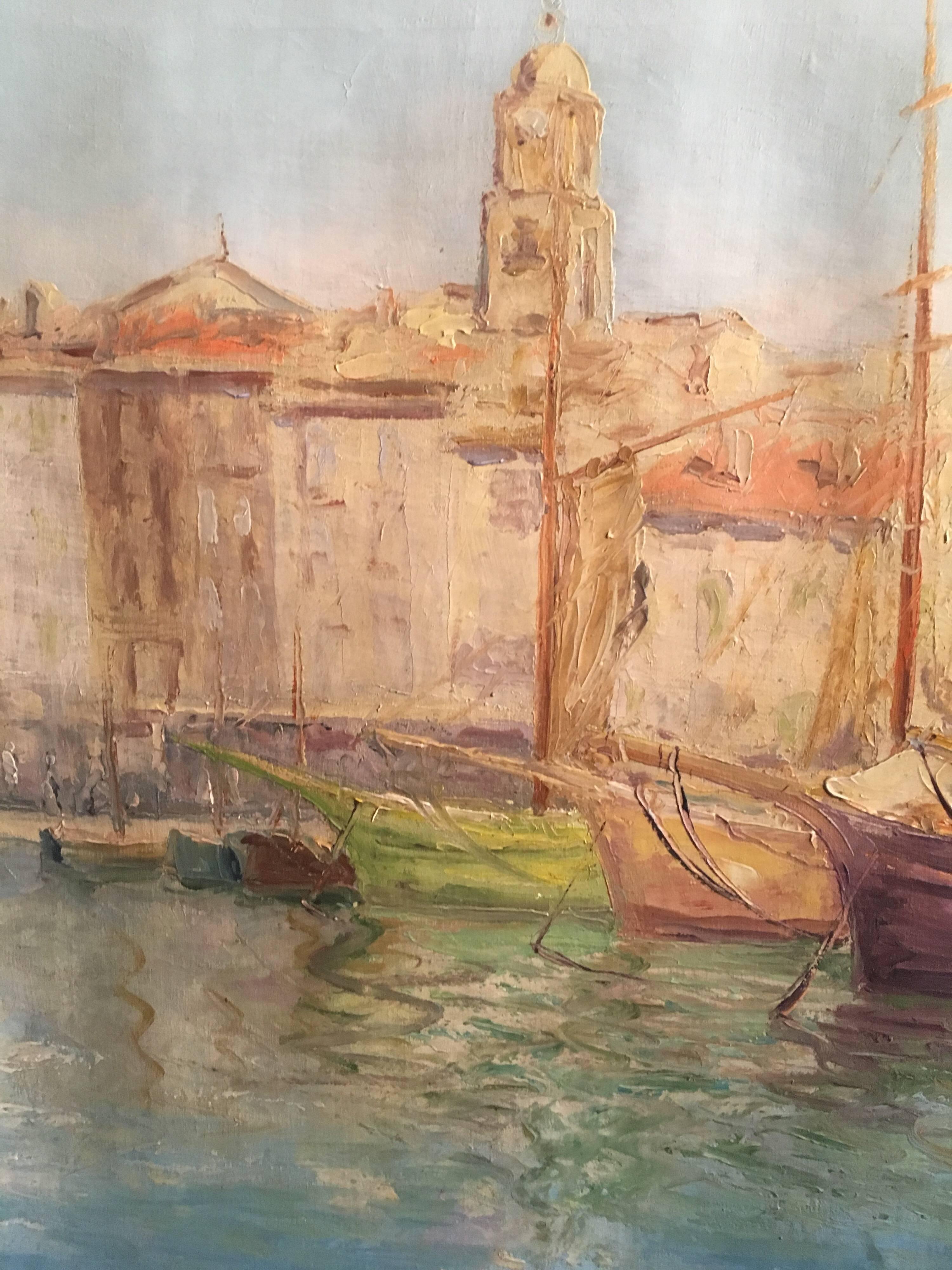 Tranquil Spanish Fishing Port, Signed Oil - Gray Figurative Painting by Gomez