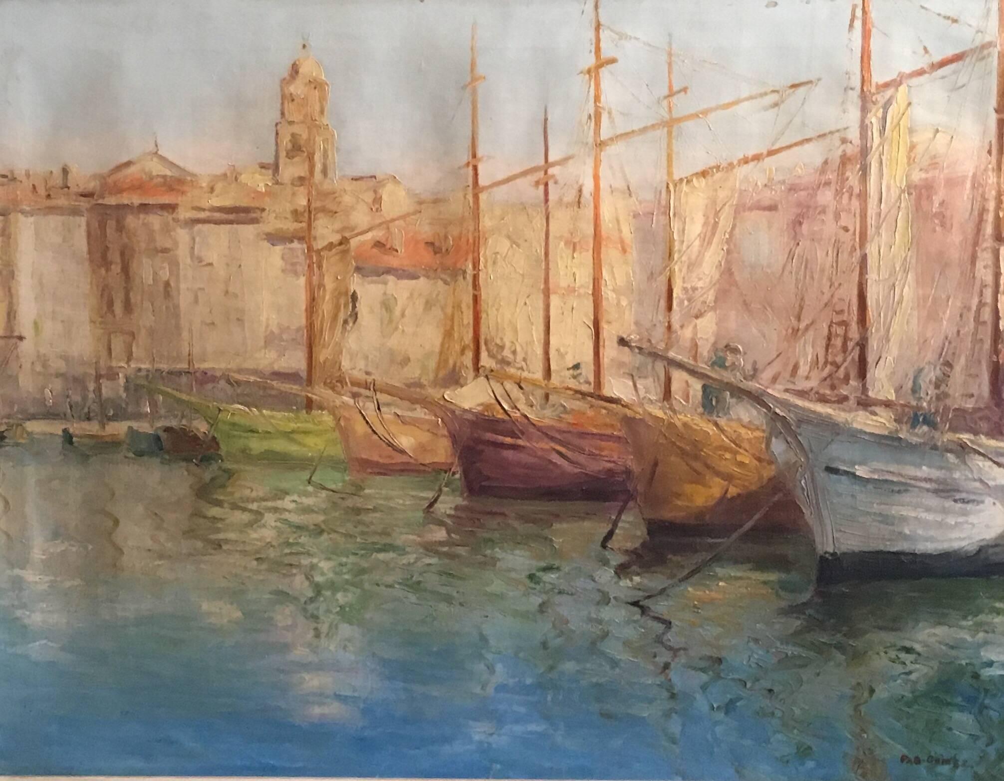 Gomez Figurative Painting - Tranquil Spanish Fishing Port, Signed Oil