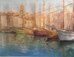 Tranquil Spanish Fishing Port, Signed Oil