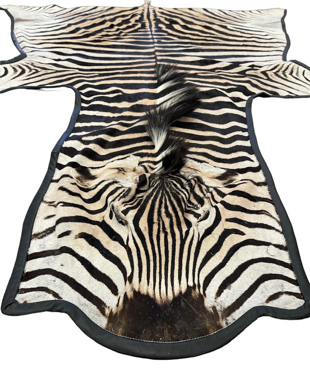 Gomez Zebra Hide Rug Trimmed in Black Italian Leather For Sale 1