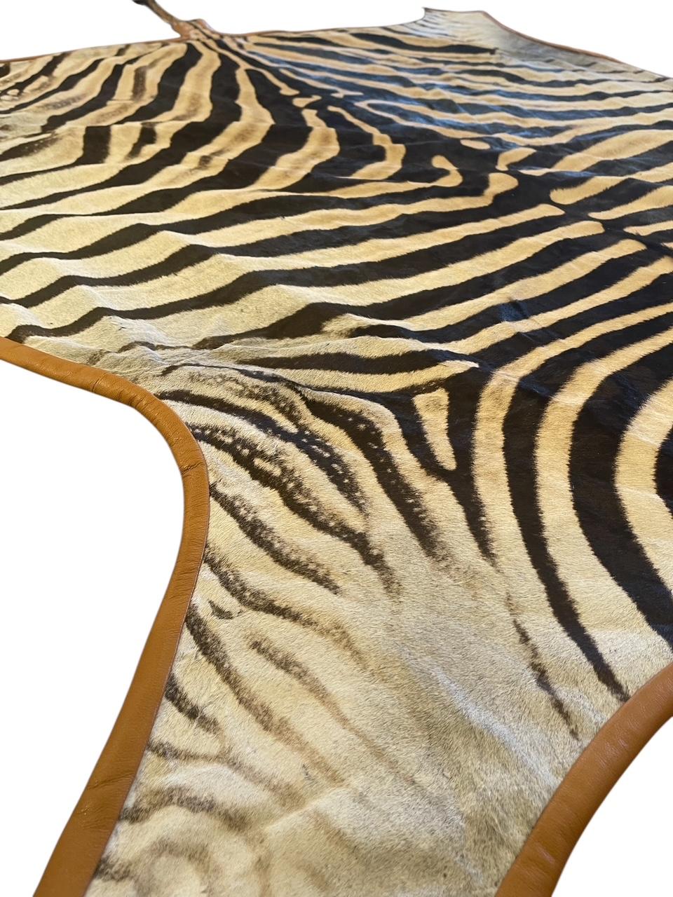Gomez Zebrafell-Teppich mit Besatz aus gebranntem orangefarbenem italienischem Leder im Angebot 1