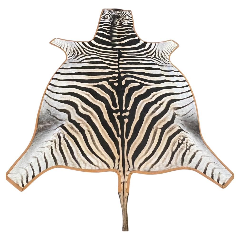 Gomez Zebra Hide Rug Trimmed in Burnt Orange Italian Leather