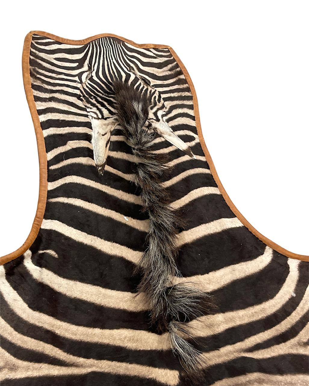 Contemporary Gomez Zebra Hide Rug Trimmed in Light Brown Italian Leather For Sale
