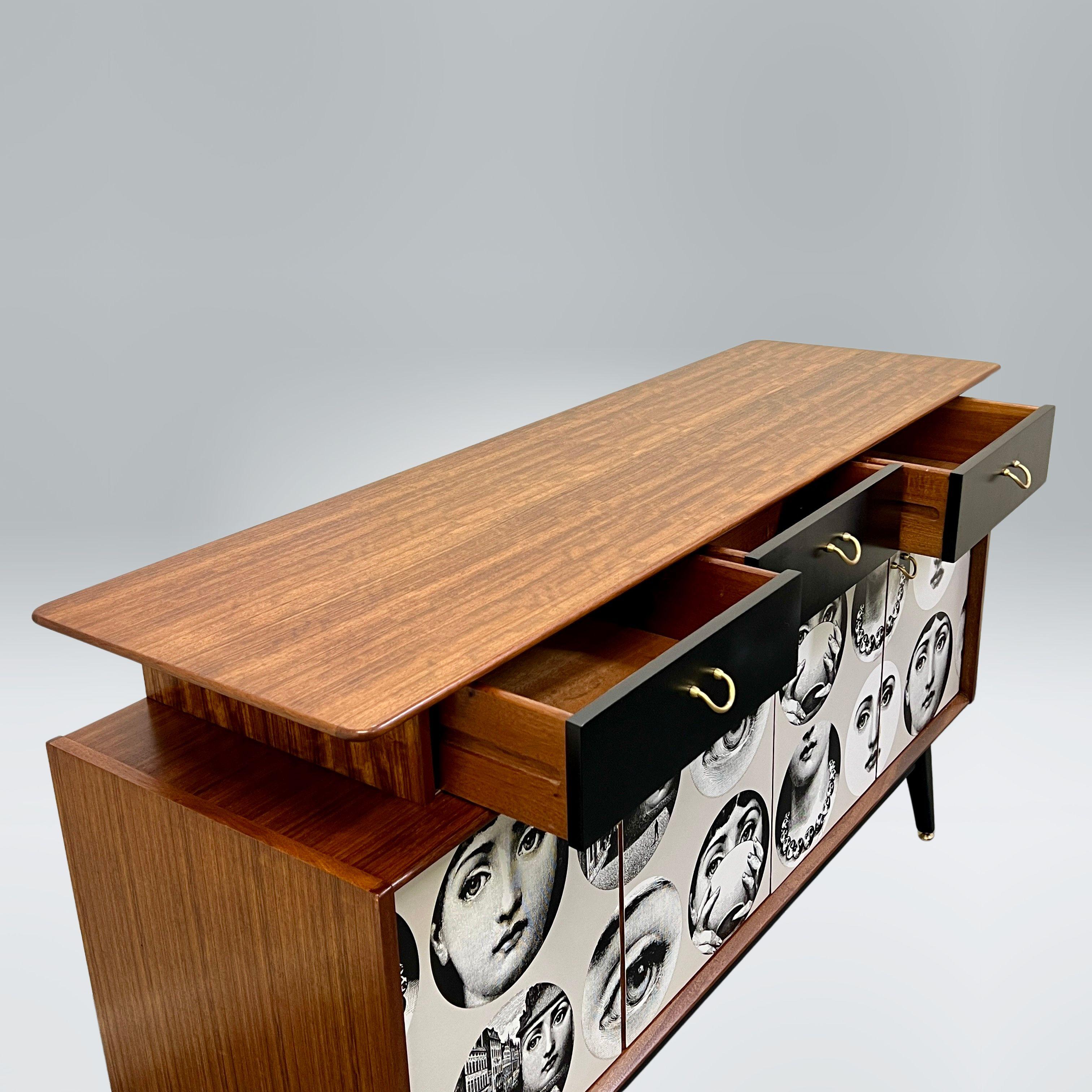 English Gomme Teak Midcentury Sideboard With Fornasetti Decoupage