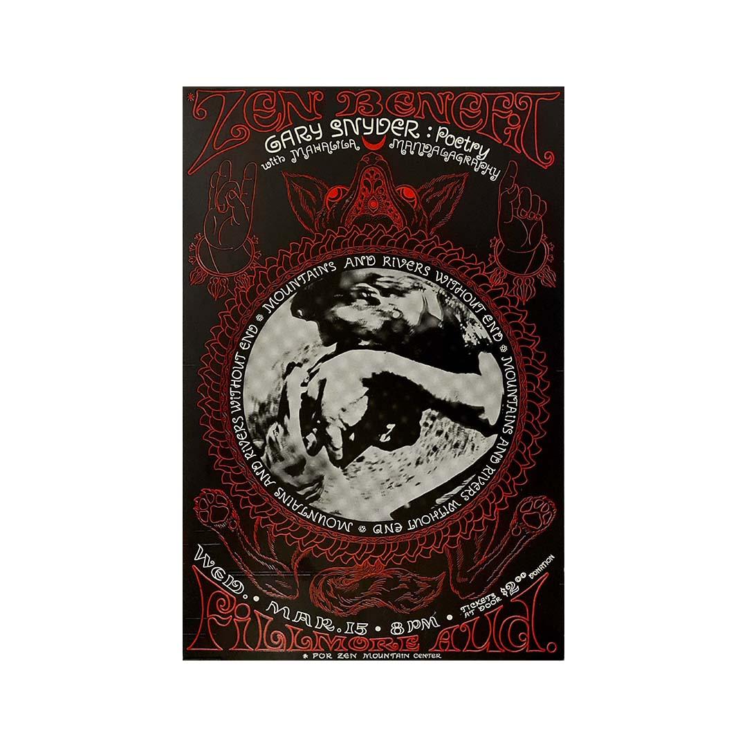 Original psychedelisches Originalplakat von Saijo Gompers, Zen Benefit, Gary Snyder, Poesie 1967