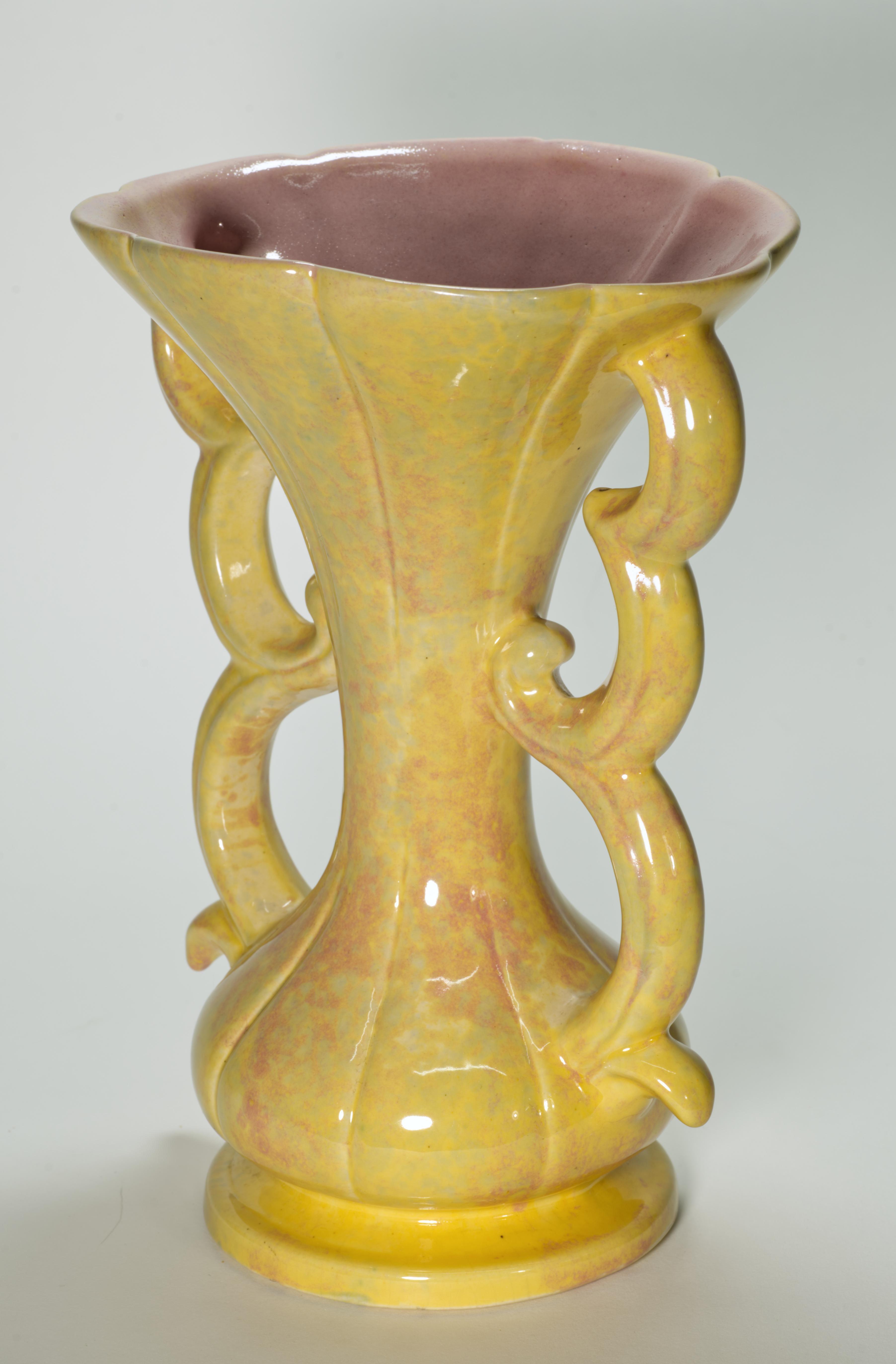 American Gonder Pottery Art Deco Three Loop Double Handle Vase For Sale
