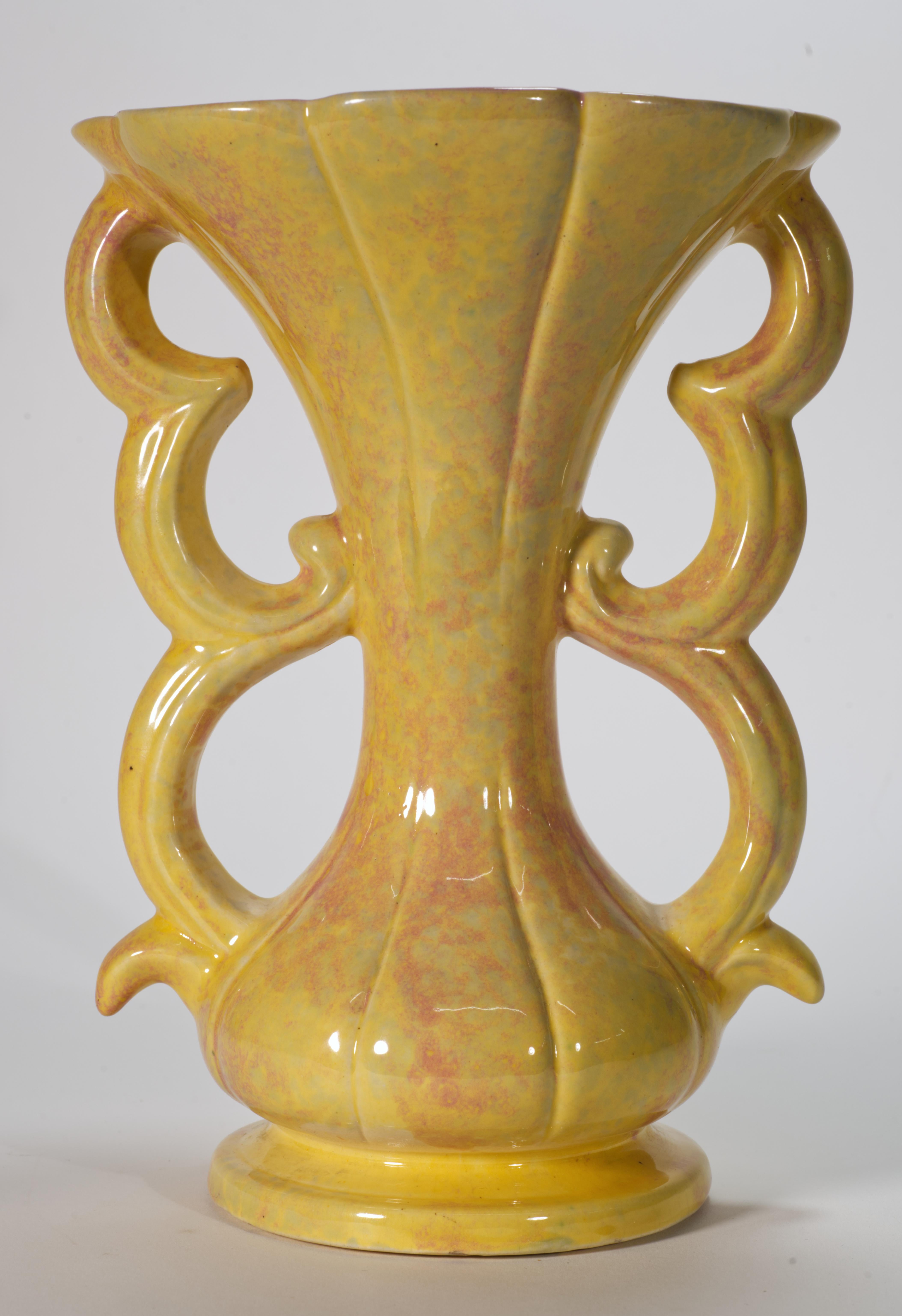 Glazed Gonder Pottery Art Deco Three Loop Double Handle Vase For Sale