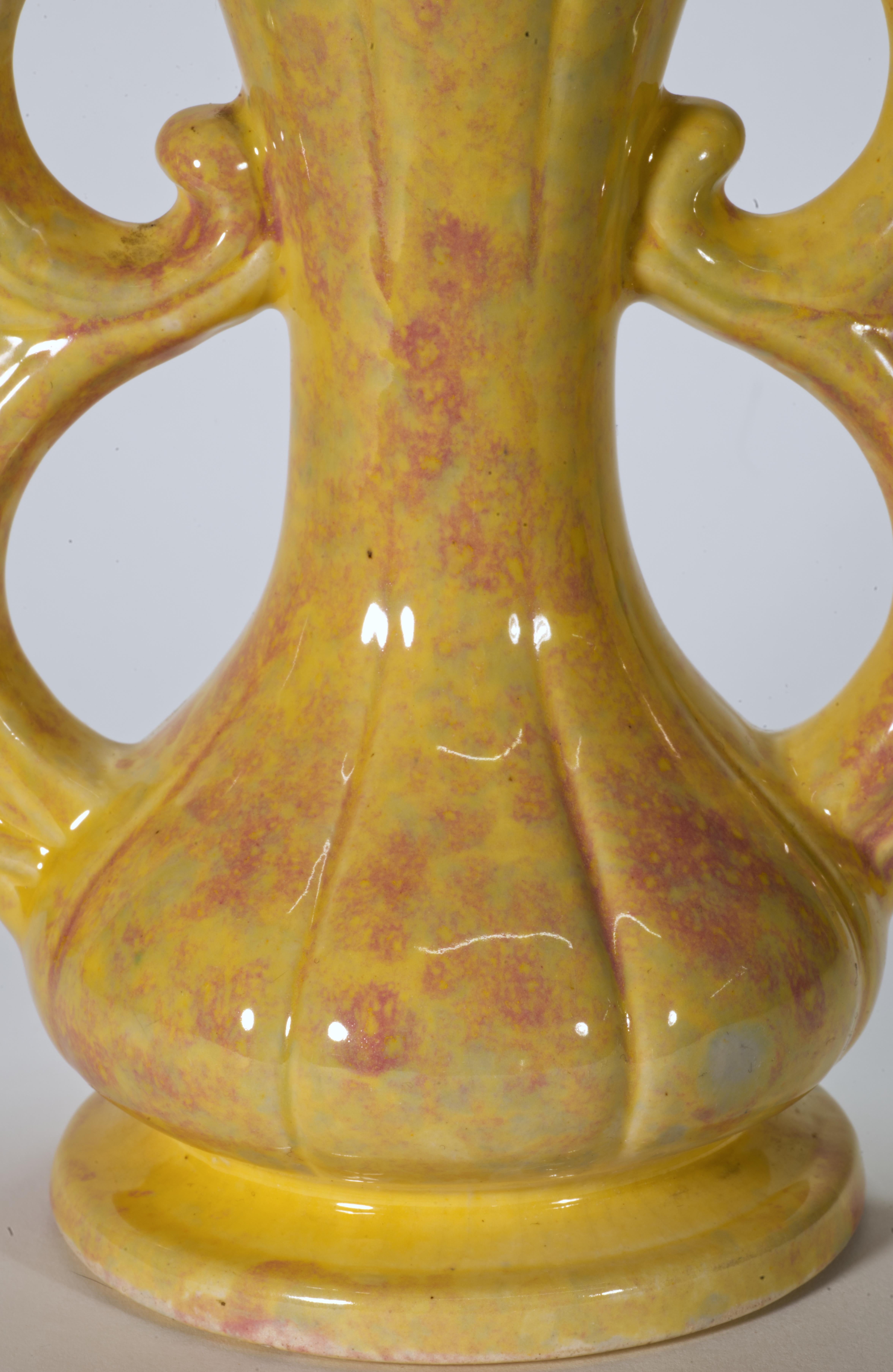 20th Century Gonder Pottery Art Deco Three Loop Double Handle Vase For Sale