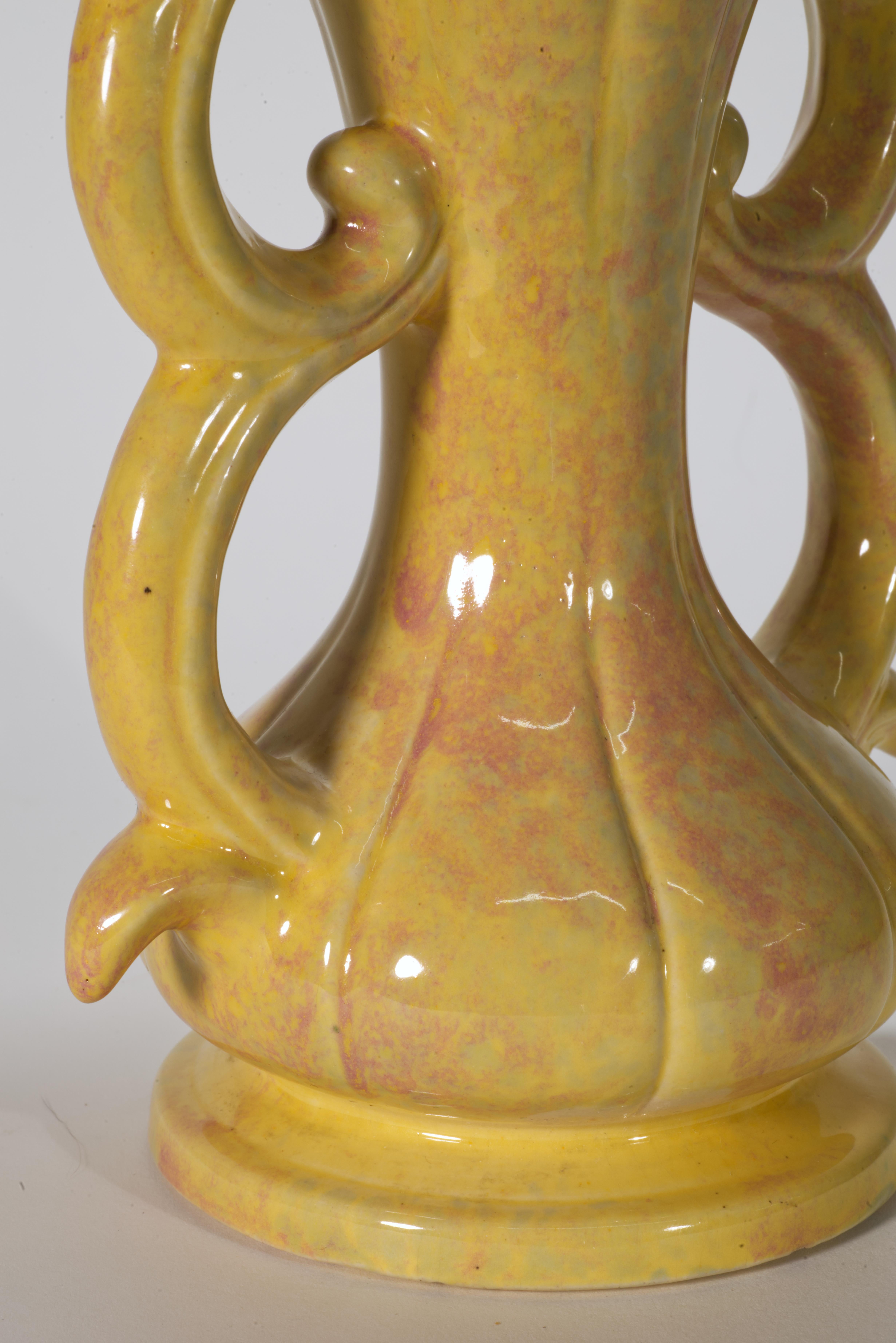 Ceramic Gonder Pottery Art Deco Three Loop Double Handle Vase For Sale