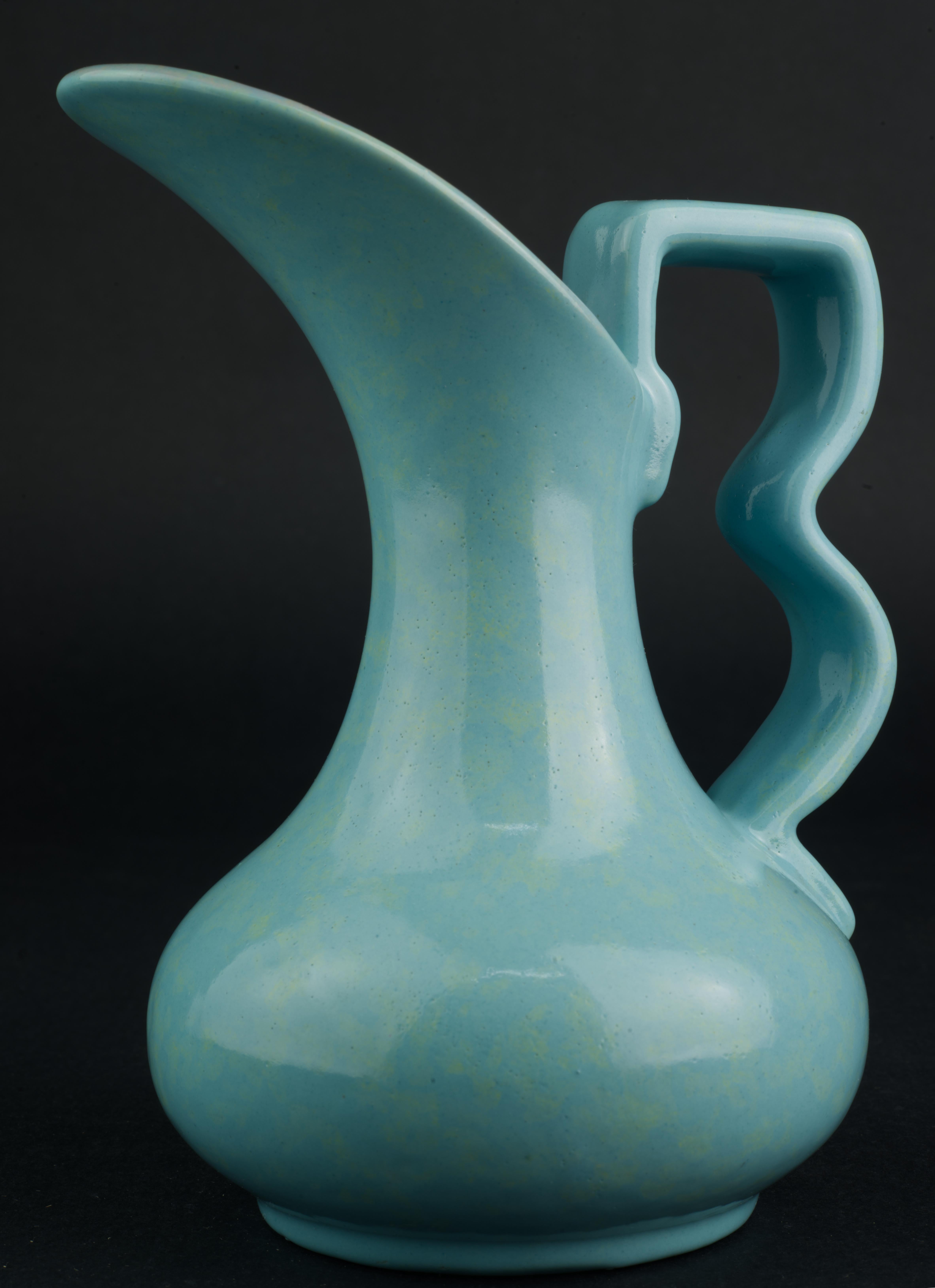 Mid-Century Modern Gonder Pottery Bud Vase Ewer in Blue and Pink Glaze 1940s-1950s For Sale