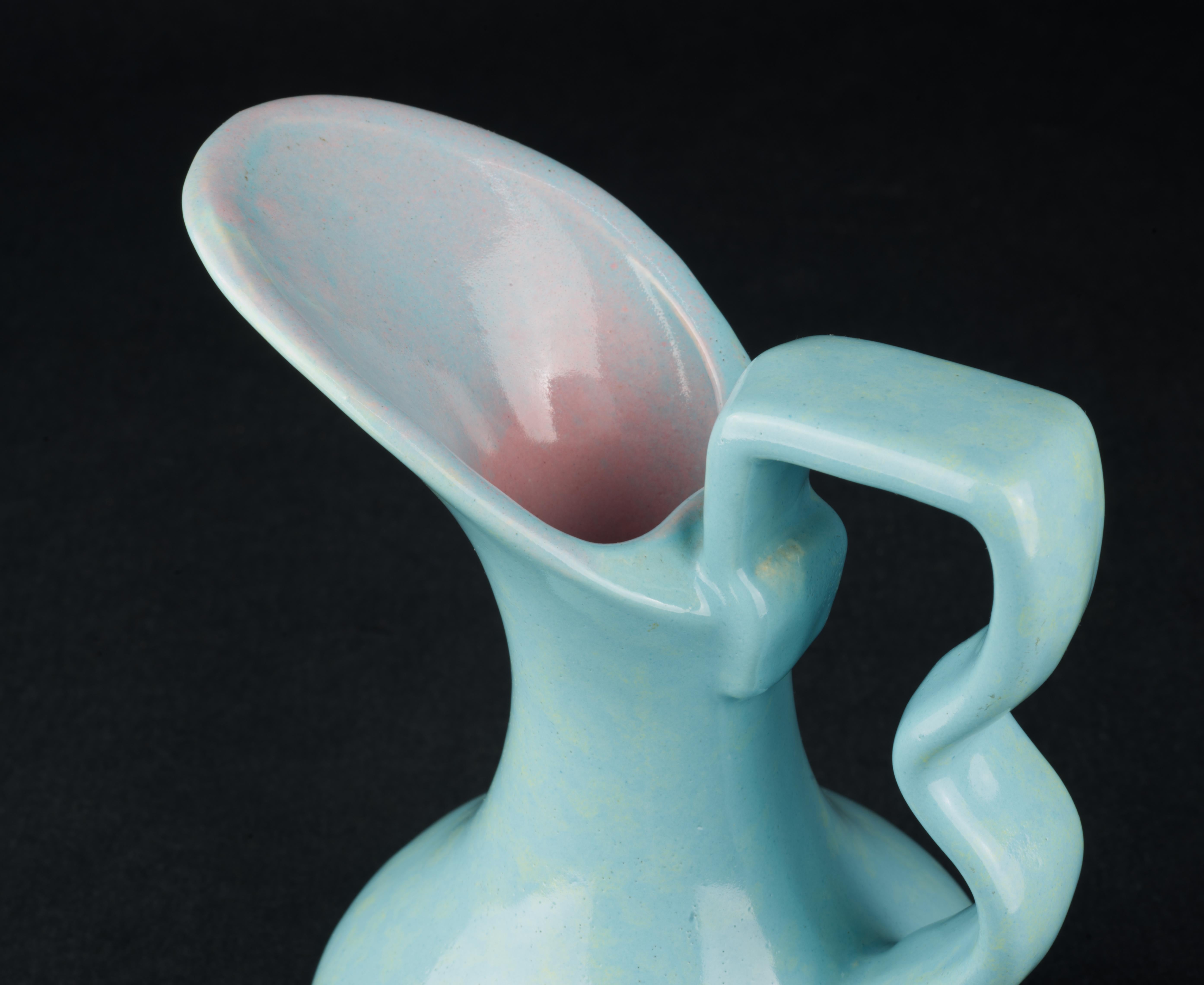 Ceramic Gonder Pottery Bud Vase Ewer in Blue and Pink Glaze 1940s-1950s For Sale