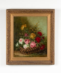 Gondois A Painting Flower Stillife Roses Basket Antique, A