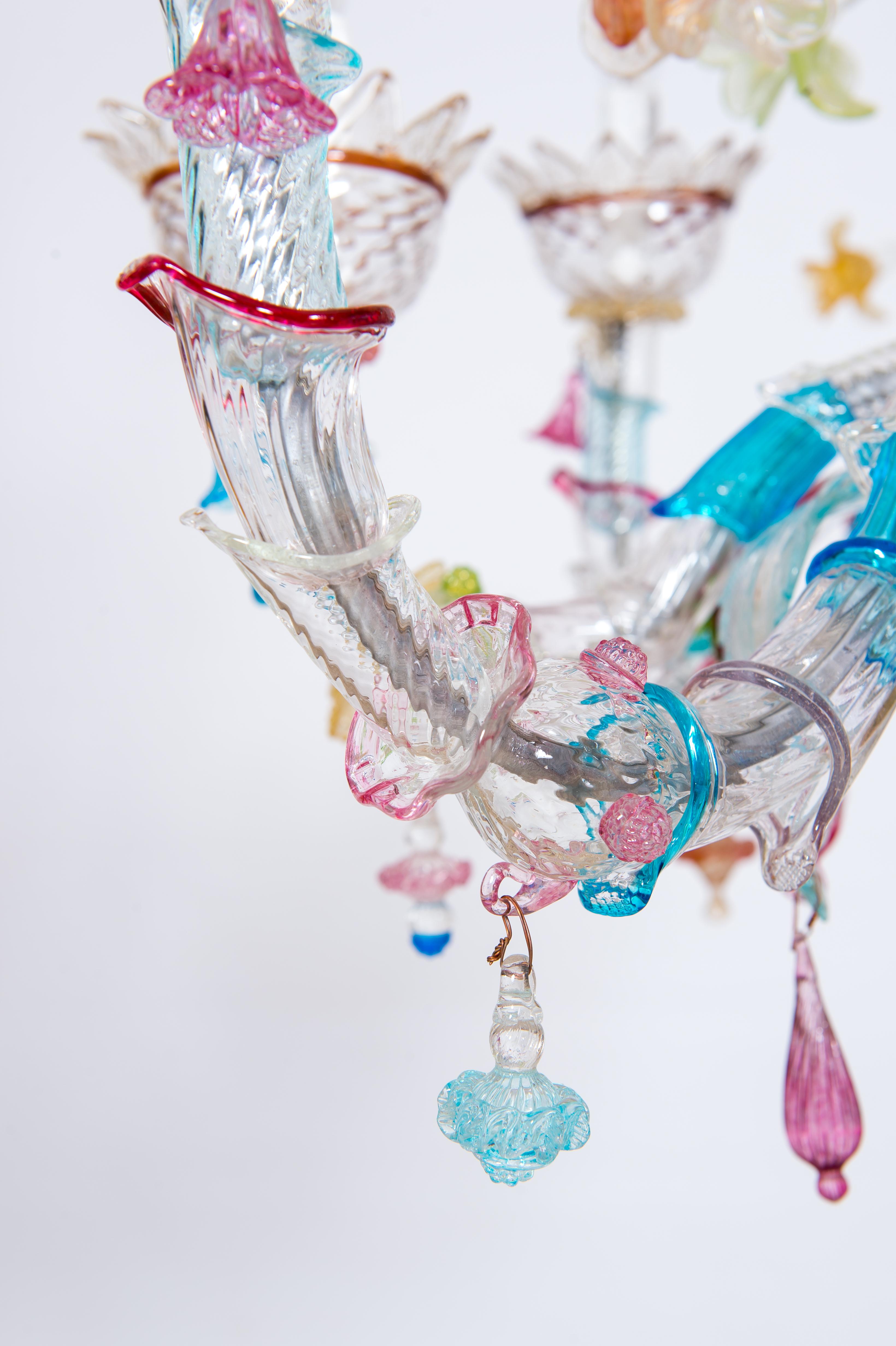 Gondola Chandelier with Colorful Finishes in Blown Murano Glass, Italy, 1980s For Sale 3