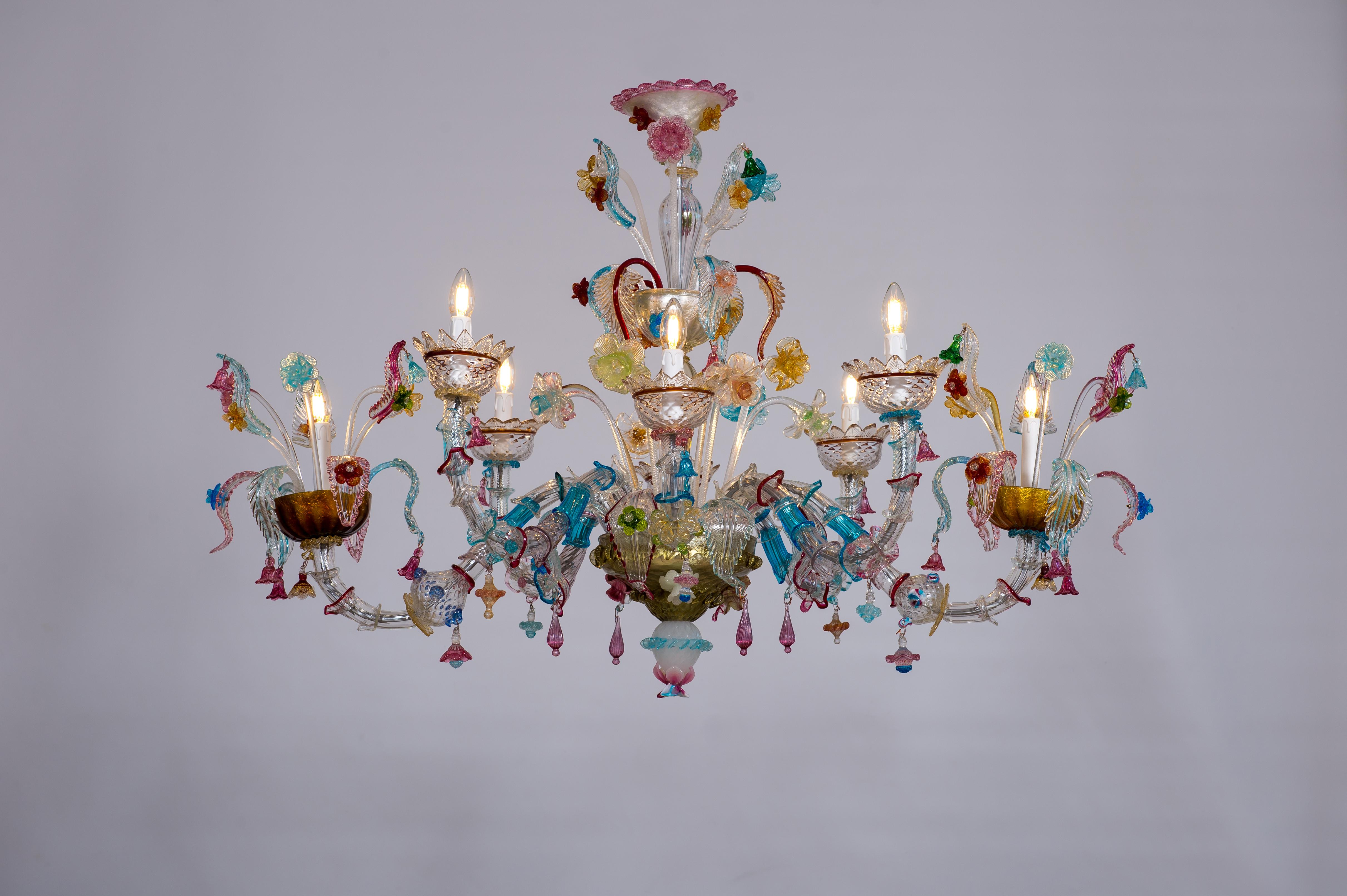 Gondola Chandelier with Colorful Finishes in Blown Murano Glass, Italy, 1980s For Sale 11