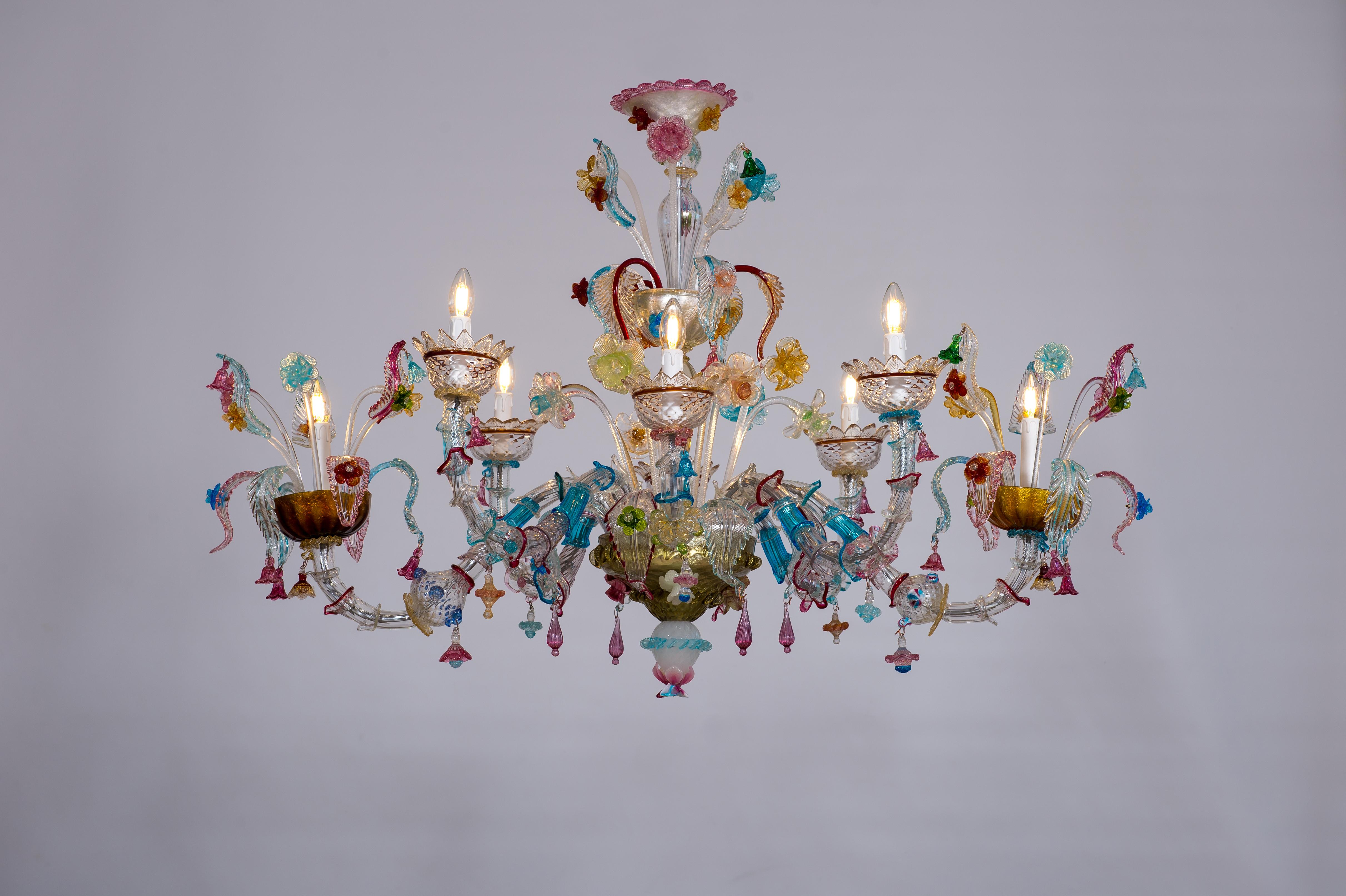 Lustre Gondola aux finitions colorées en verre soufflé de Murano:: Italie:: années 1980 en vente 10