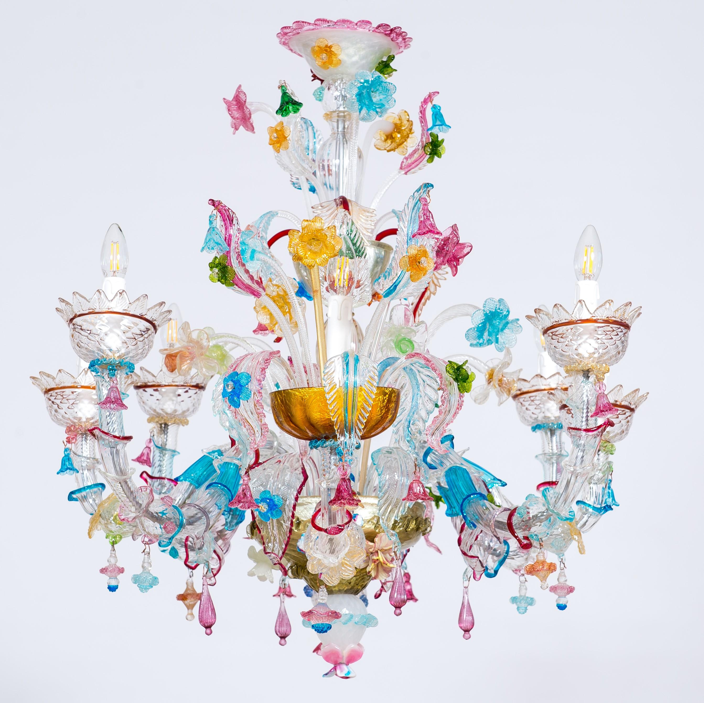 Baroque Revival Gondola Chandelier with Colorful Finishes in Blown Murano Glass, Italy, 1980s For Sale