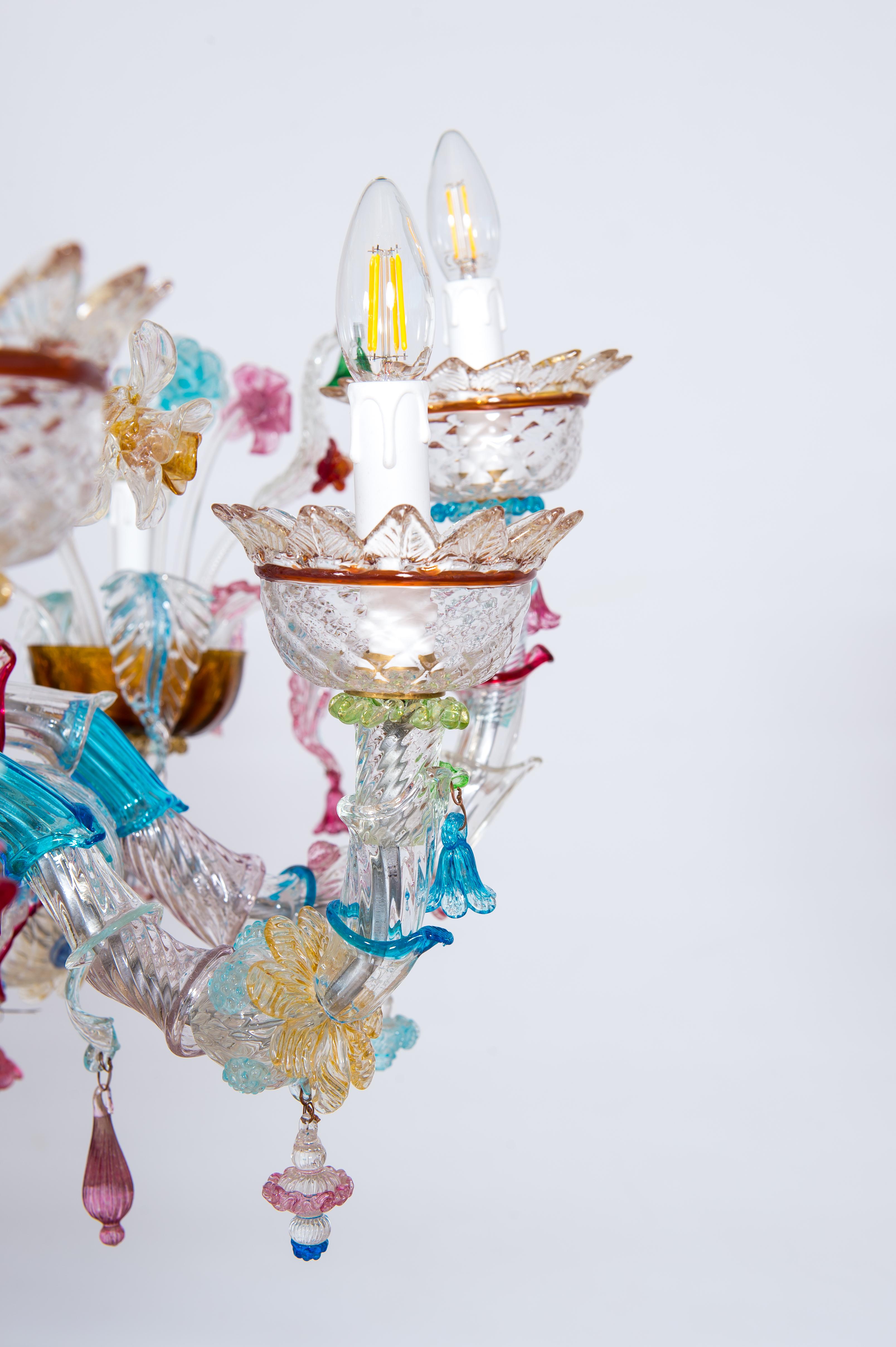 Italian Gondola Chandelier with Colorful Finishes in Blown Murano Glass, Italy, 1980s For Sale