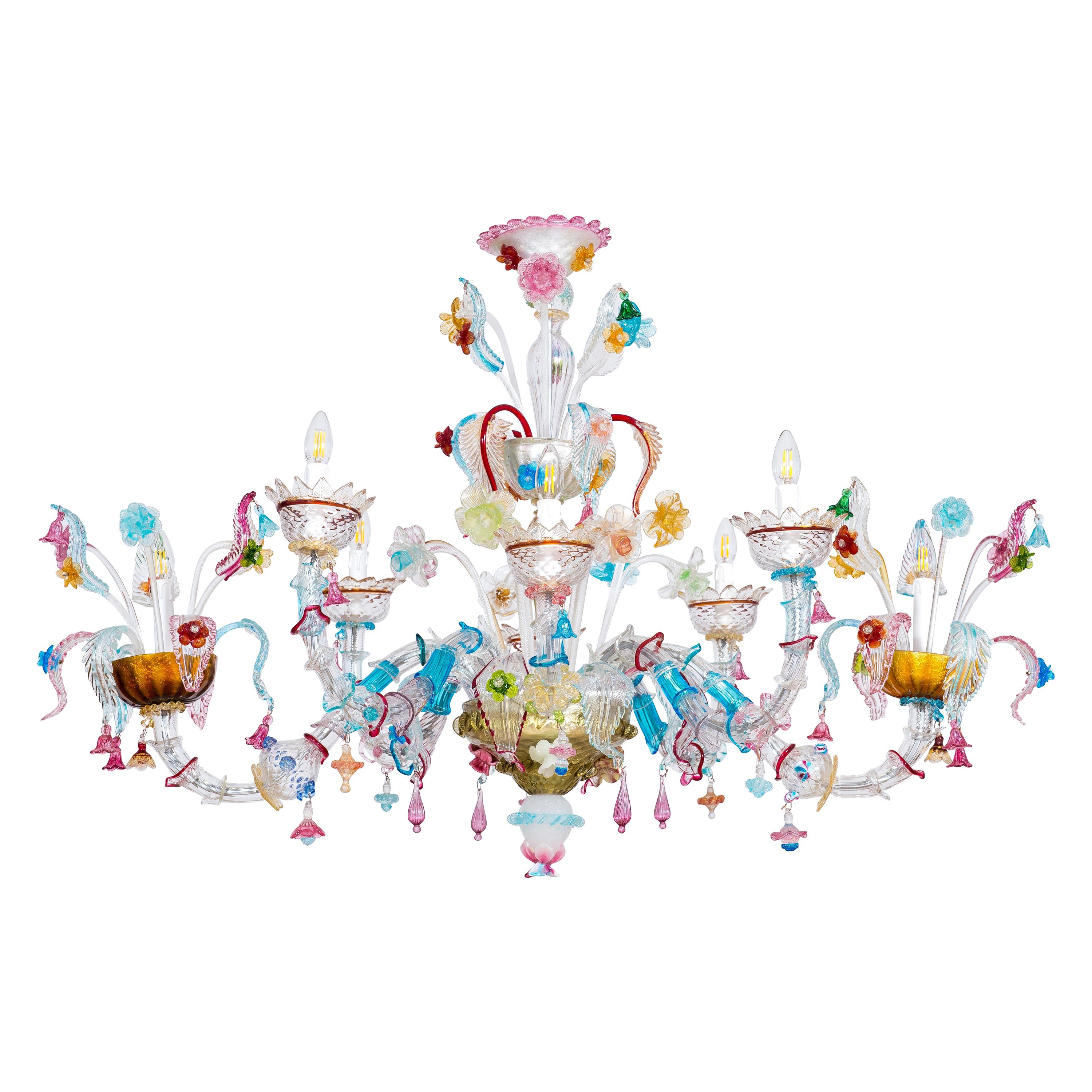 Gondola Chandelier with Colorful Finishes in Blown Murano Glass, Italy, 1980s