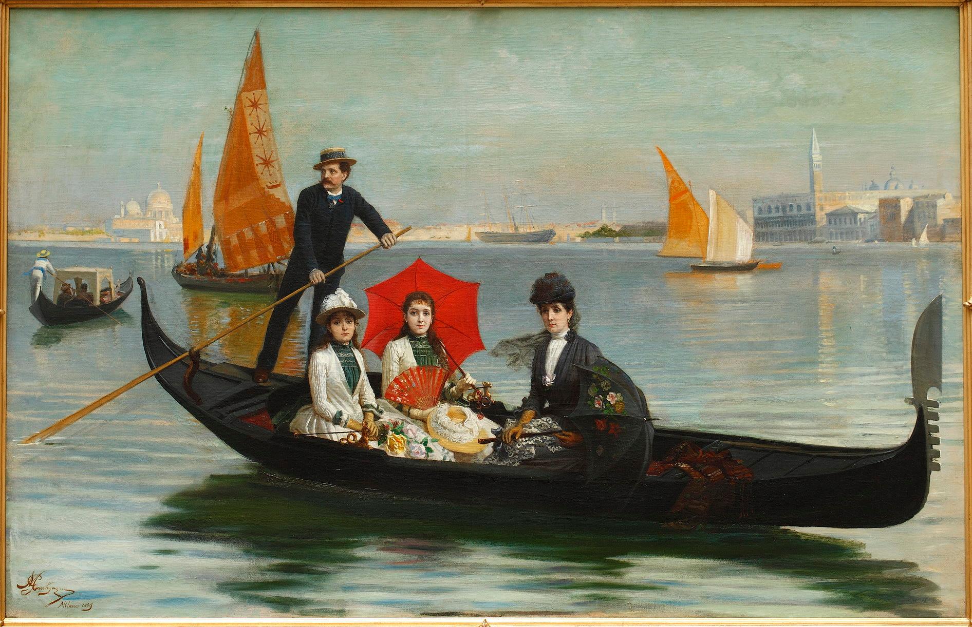 Picturesque scene of a family ride in gondola on a canal in Venice signed G. Mantegazza and dated 1889.

Unlike the 18thcentury painters who portray Venice in a very architectural way with the genre of the veduta (based on the perspective