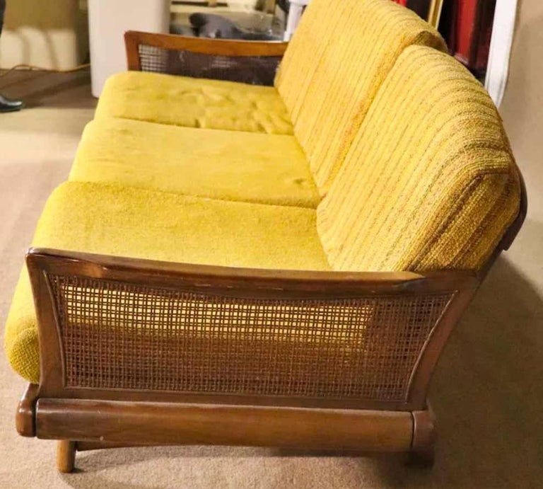 Long Mid-Century Modern sofa designed by Karl-Erik Ekselius. Sculpted walnut frame in the style of Adrian Pearsall's Gondala sofa, with three wide cushions and cane arms.
Please confirm location.
