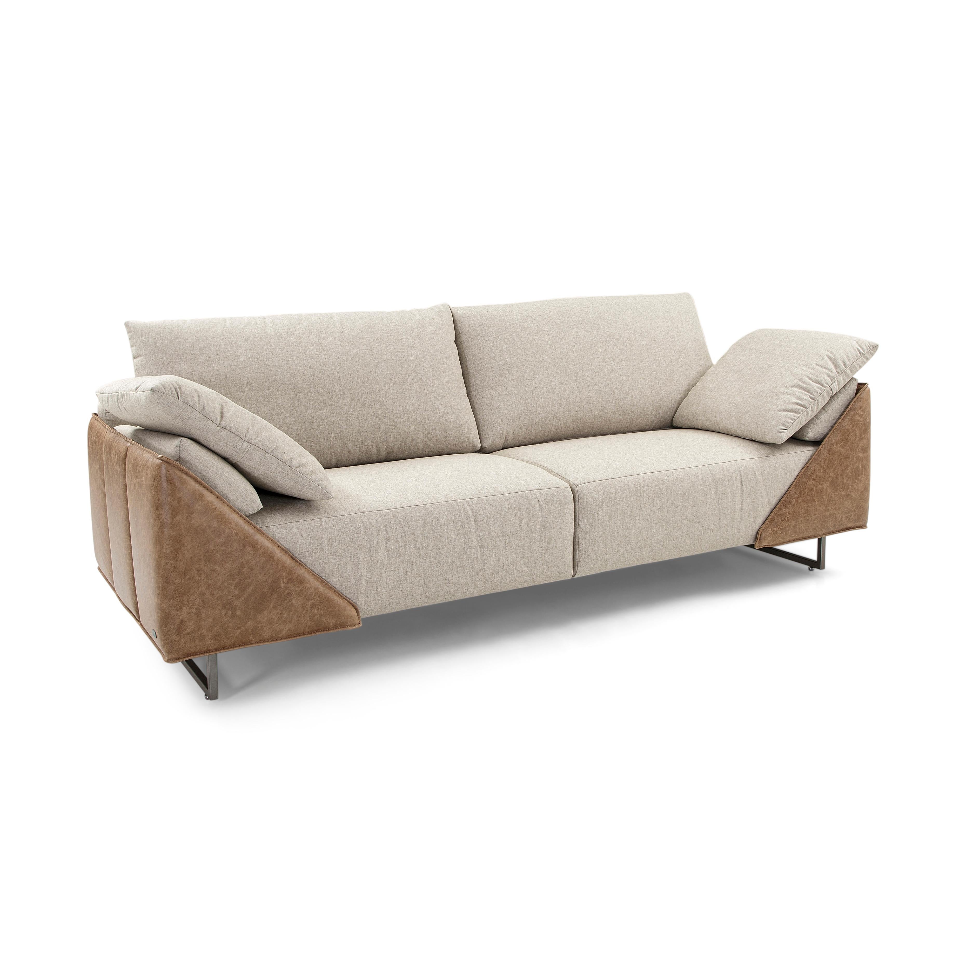 Brazilian Gondole Contemporary Sofa Upholstered in a Beige Fabric and Brown Leather 