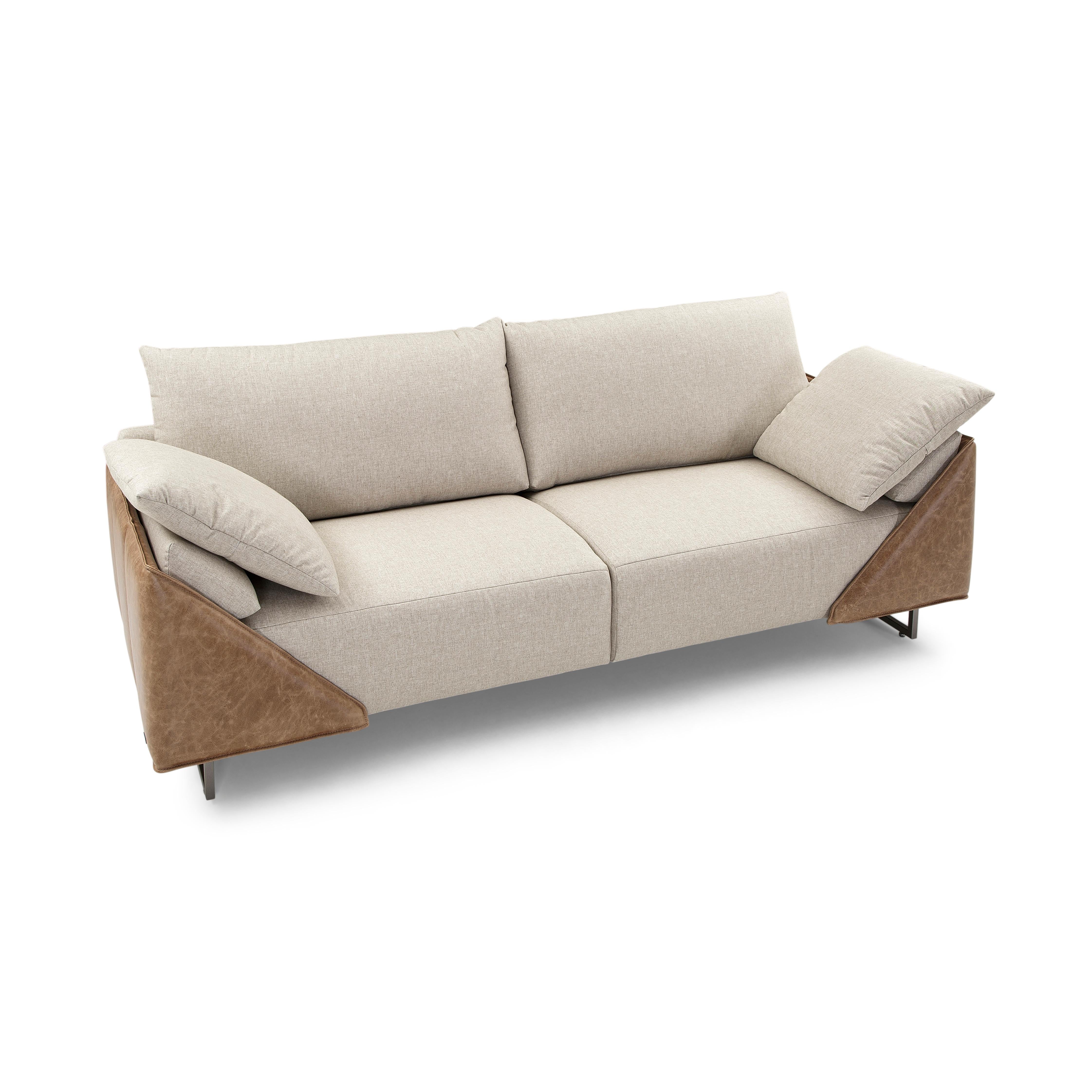 Gondole Contemporary Sofa Upholstered in a Beige Fabric and Brown Leather  1