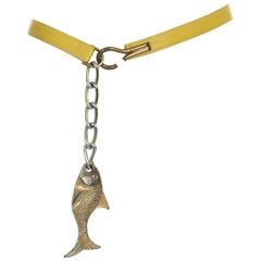 Gone Fishin’ Yellow Leather Novelty Belt with Dangling Fish – Small, 1950s