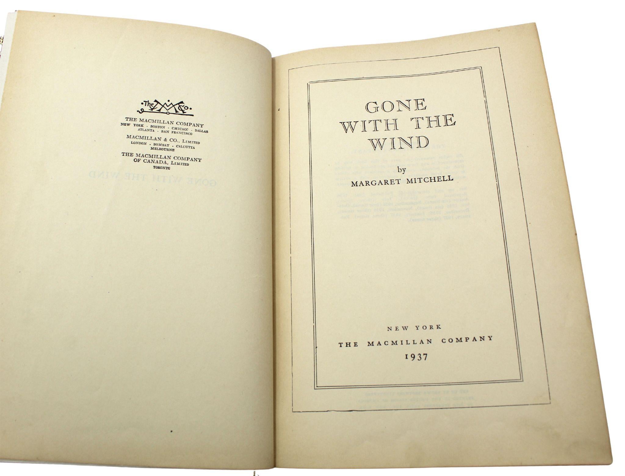 Américain Gone With the Wind de Margaret Mitchell, première édition, impression ultérieure, 1937 en vente