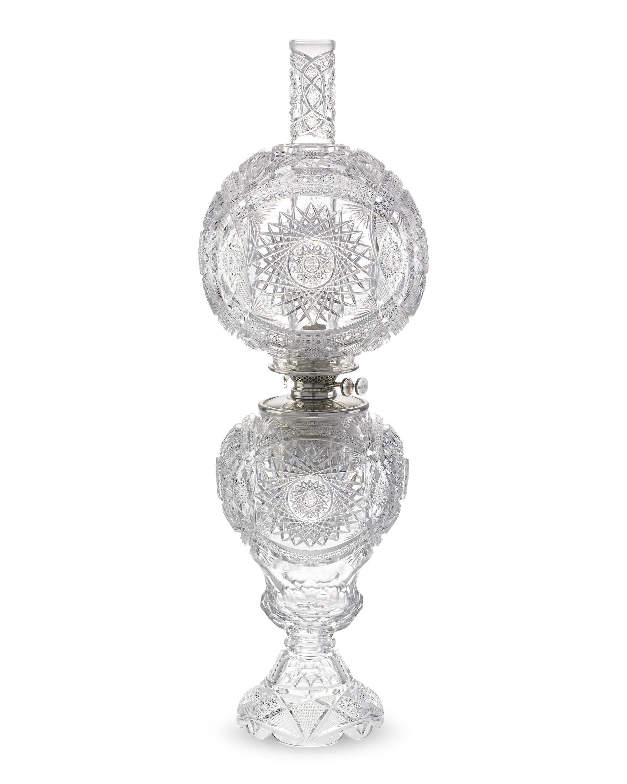 This monumental and complete Gone with the Wind style American Brilliant Cut Glass lamp was almost certainly crafted by the renowned Libbey Glass Company. Only a handful of these extraordinary lamps were created due to the enormous expense involved