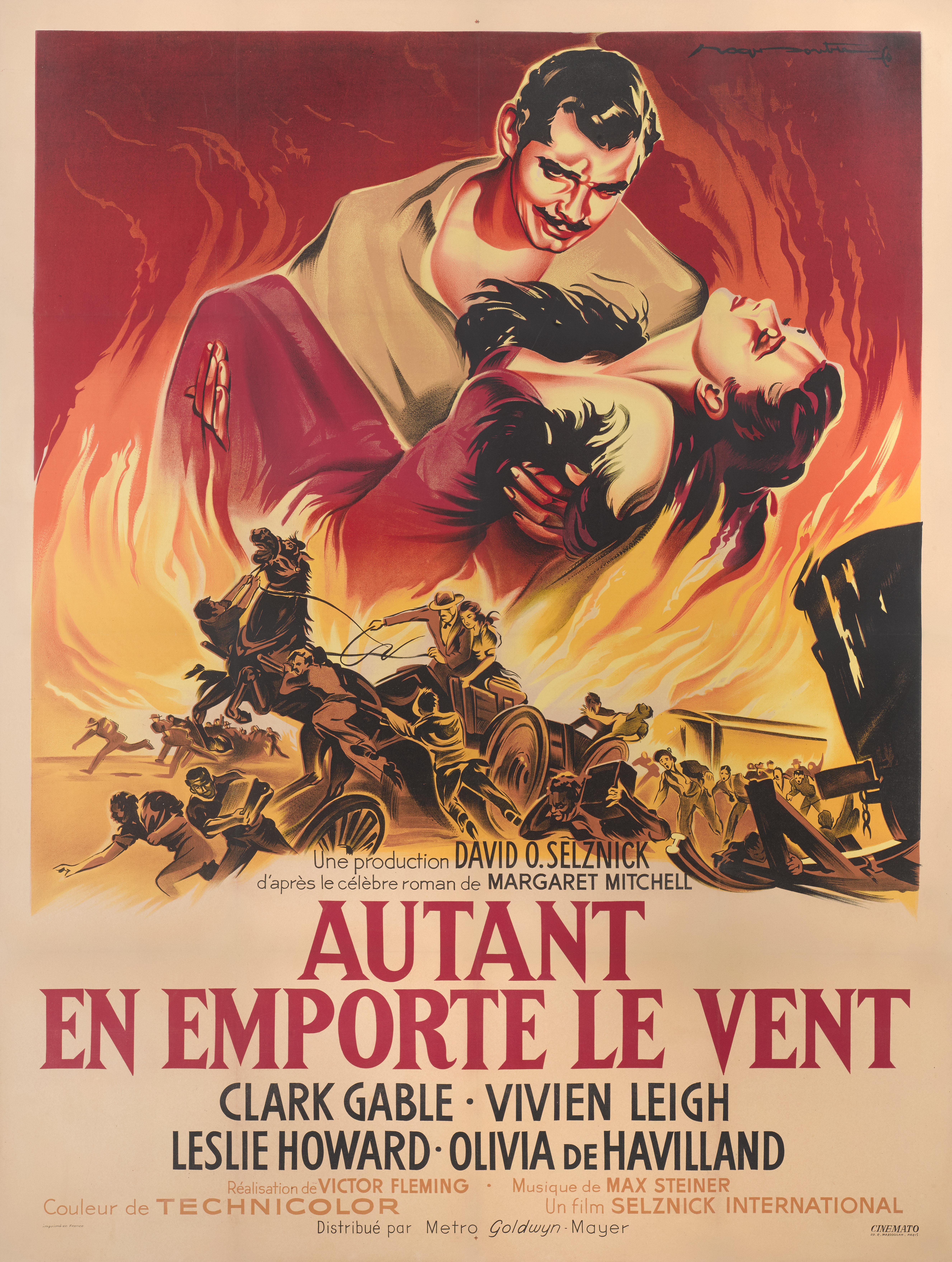 Cartel original francés de la película de 1939 protagonizada por Clark Gable, Vivien Leigh y dirigida por Victor Fleming, George Cukor y Sam Wood. Las piezas originales de este título legendario son muy buscadas por los coleccionistas. Tras la