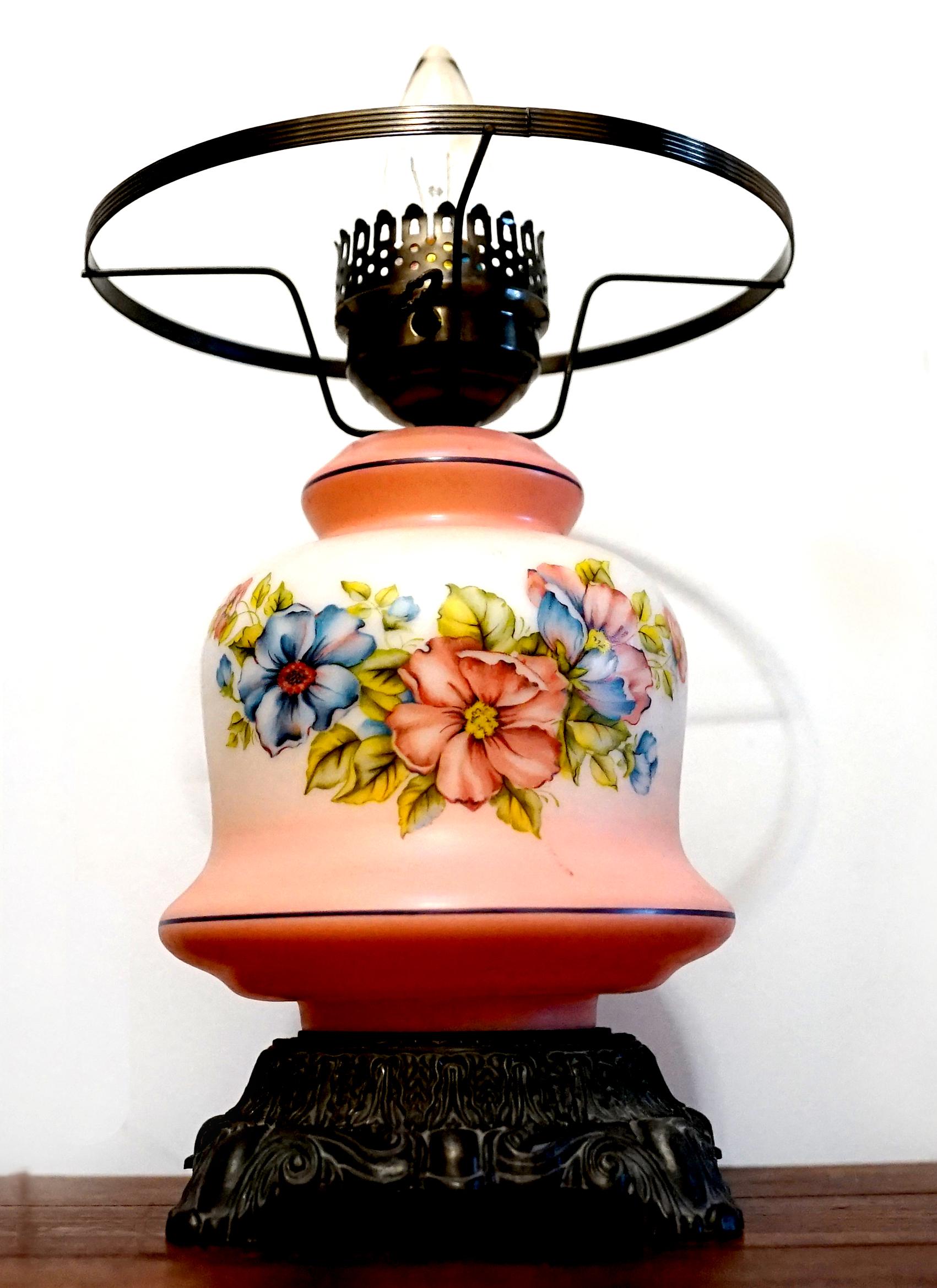 Gone with the Wind Monumental Lamp, Hand painted Flowers in Pink, Blue, White For Sale 4