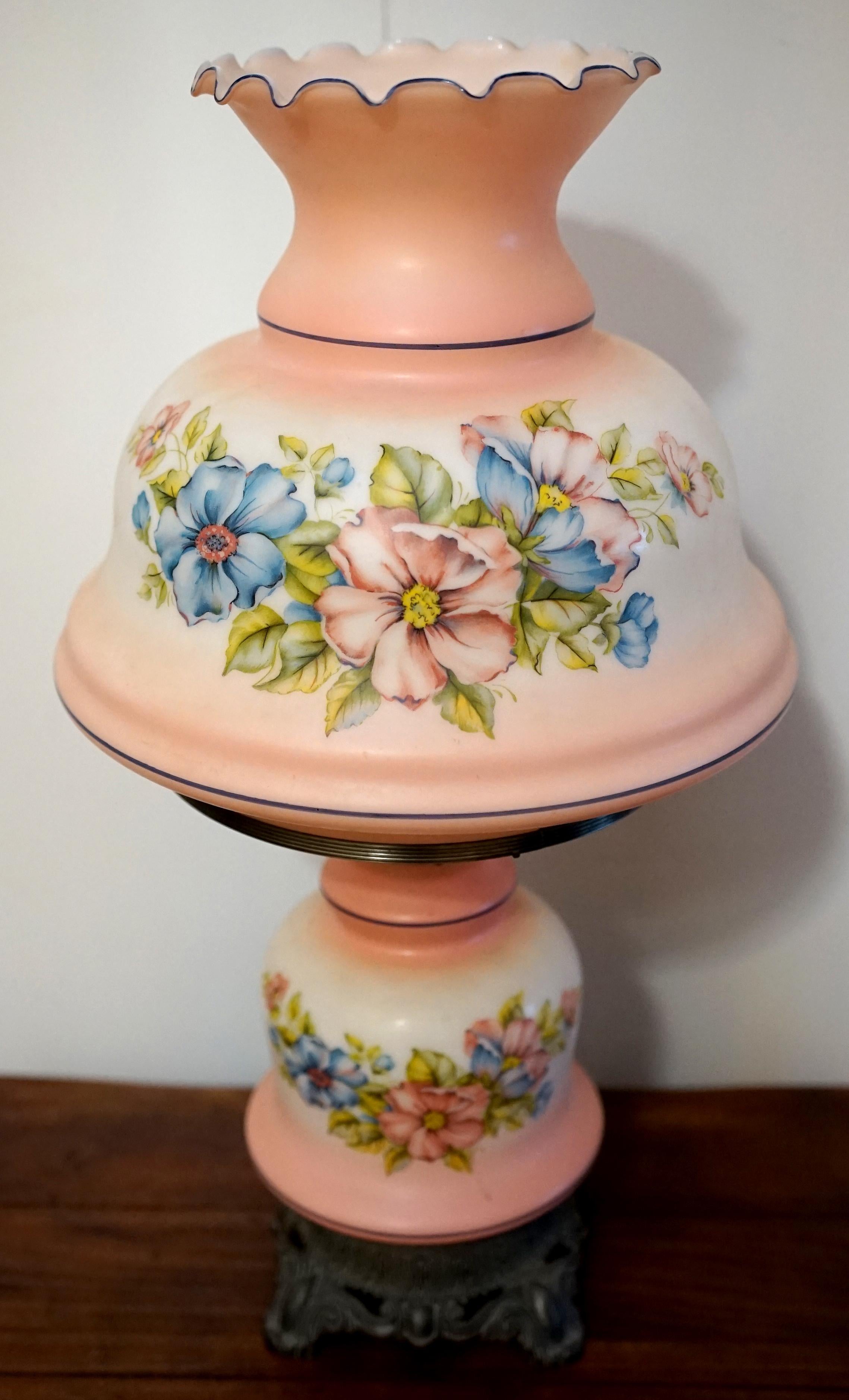 American Gone with the Wind Monumental Lamp, Hand painted Flowers in Pink, Blue, White For Sale