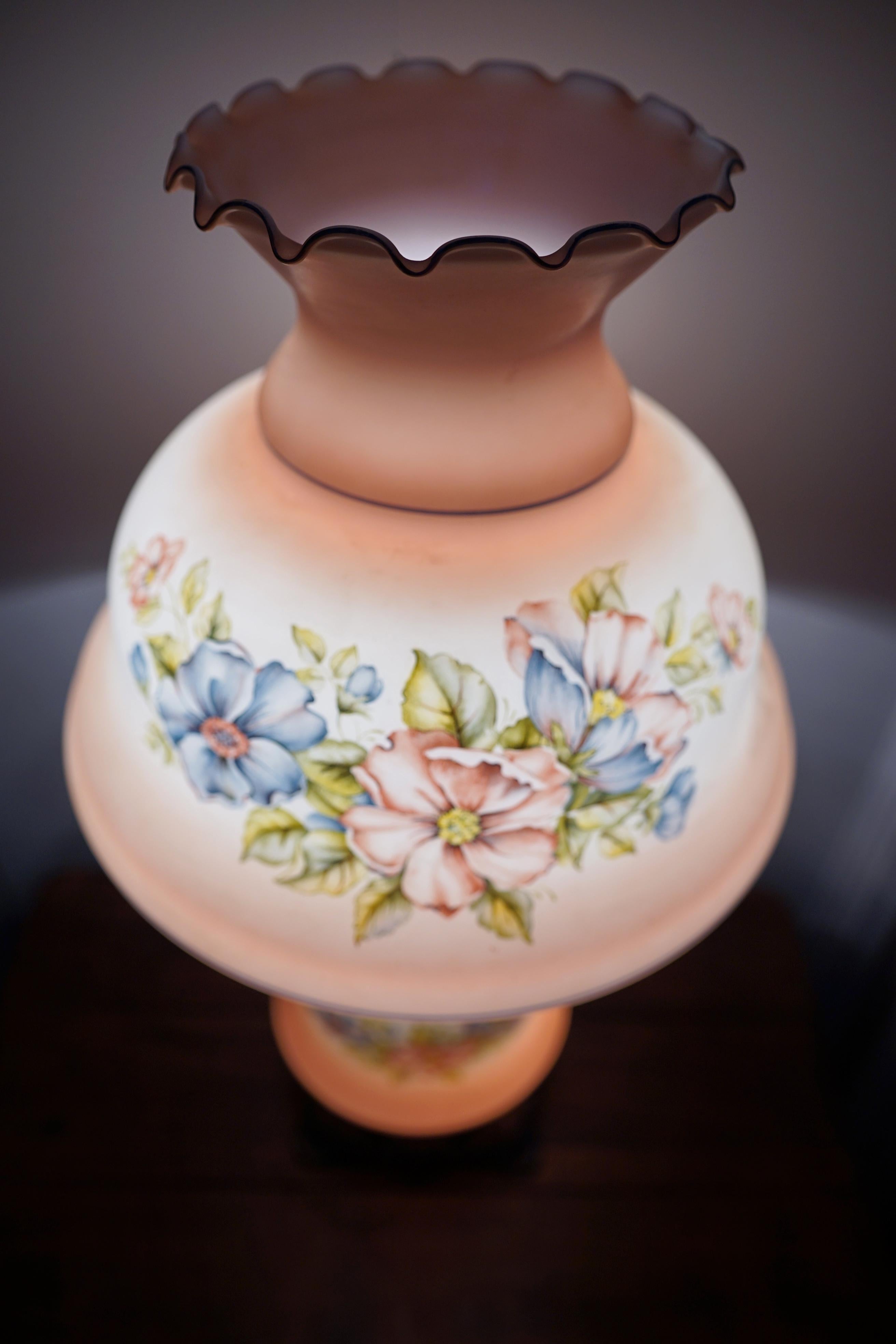 Hand-Crafted Gone with the Wind Monumental Lamp, Hand painted Flowers in Pink, Blue, White For Sale