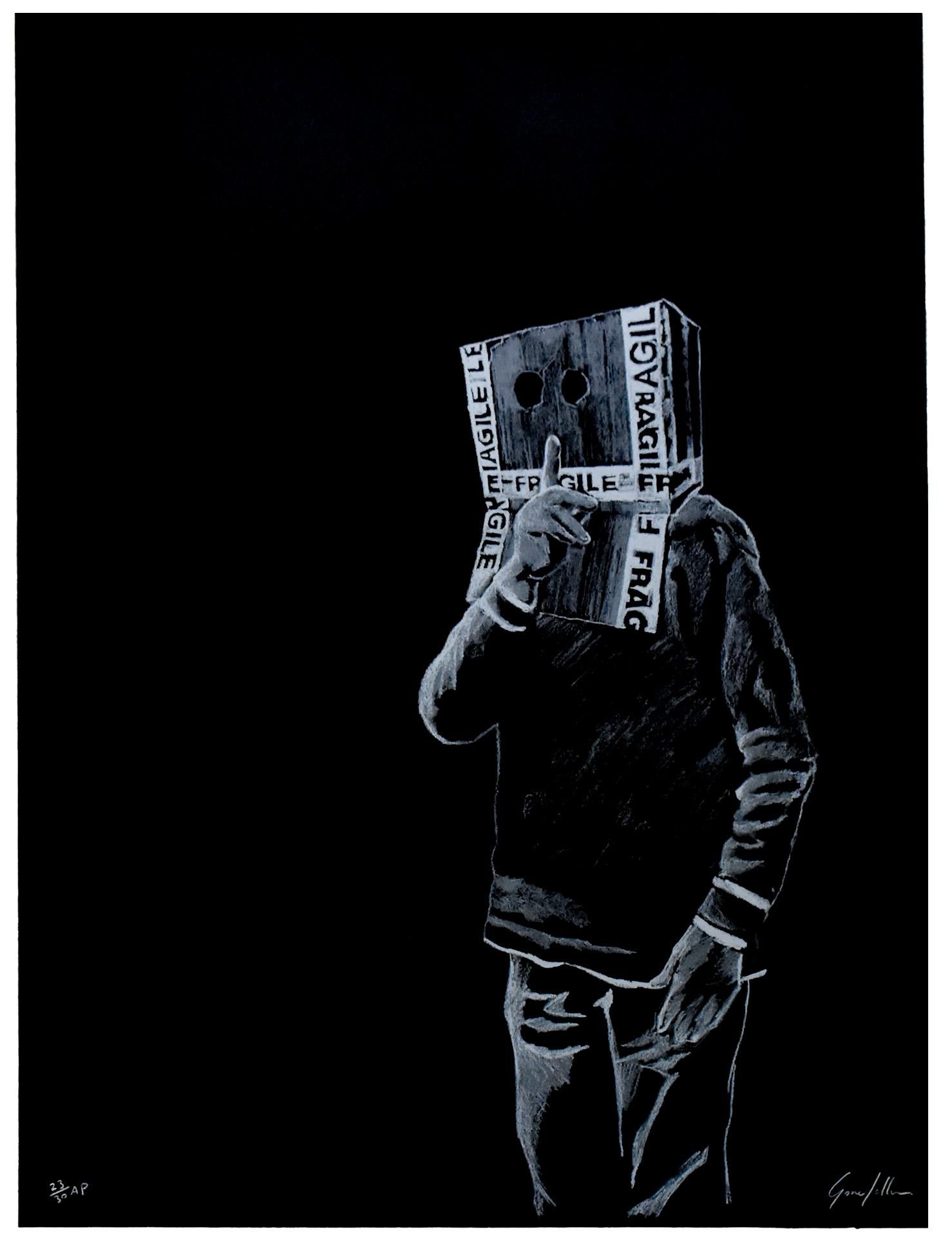 Rare et mystérieuse comme l'artiste, épreuve d'artiste de l'estampe Gonefellow Boxhead.
Édition d'épreuves d'artiste 23 sur 30.
Signé à la main par Gonefellow en bas à droite de l'estampe.
Numéroté à la main en bas à gauche avec la mention