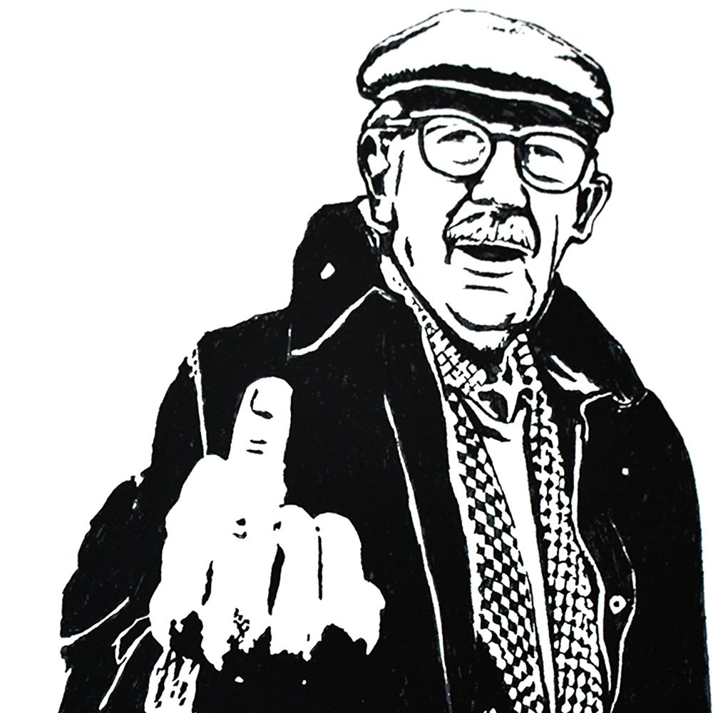 Parody print of Banksy Rude Copper. This version by Gonefellow, named Rude Farmer has a man giving the rude middle finger to animal abusers.
Produced to support PDSA which is an animal charity in the UK.
Hand numbered on bottom right of print.
This