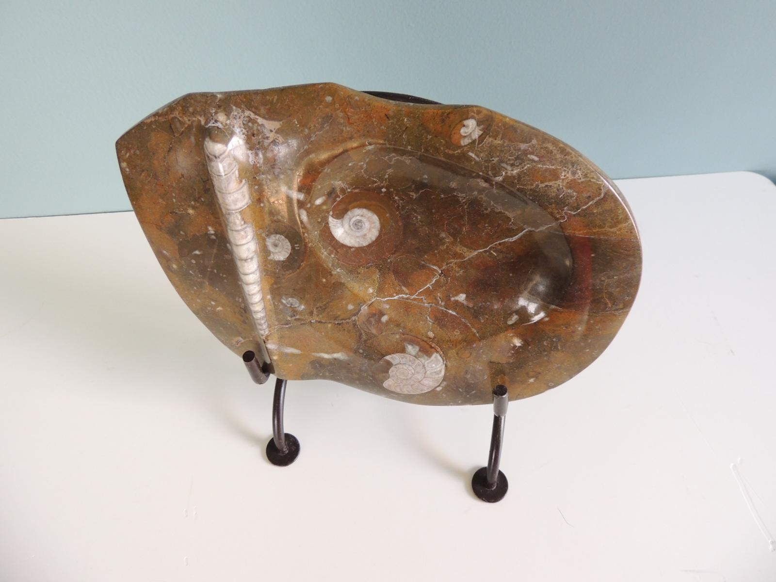 Hand-Crafted Goniatite Moroccan Stone Fossil with Sea Shells on Stand