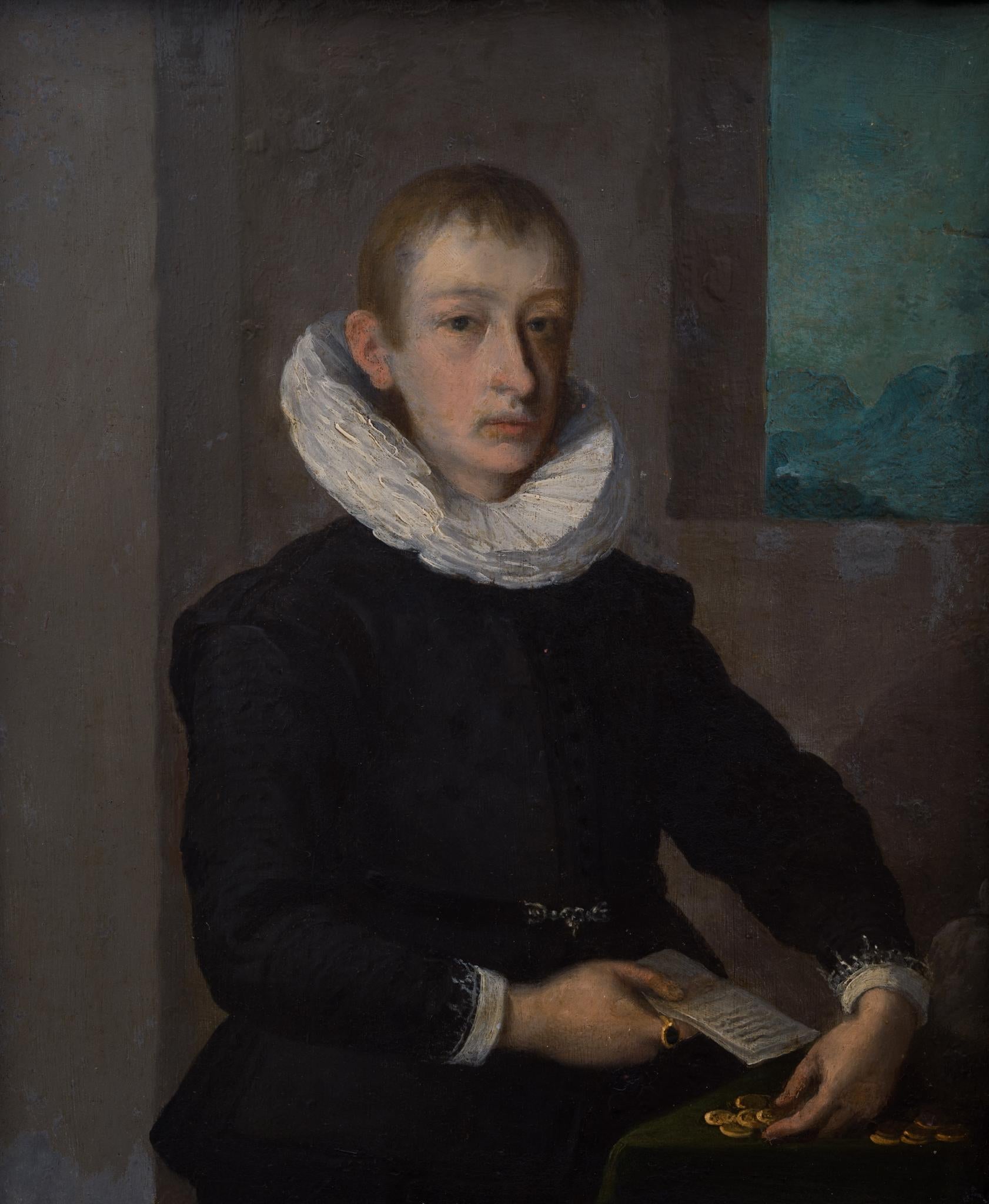 Portrait de maître ancien, un garçon en train de porter ses pièces, huile sur cuivre - Painting de Gonzales Coques 