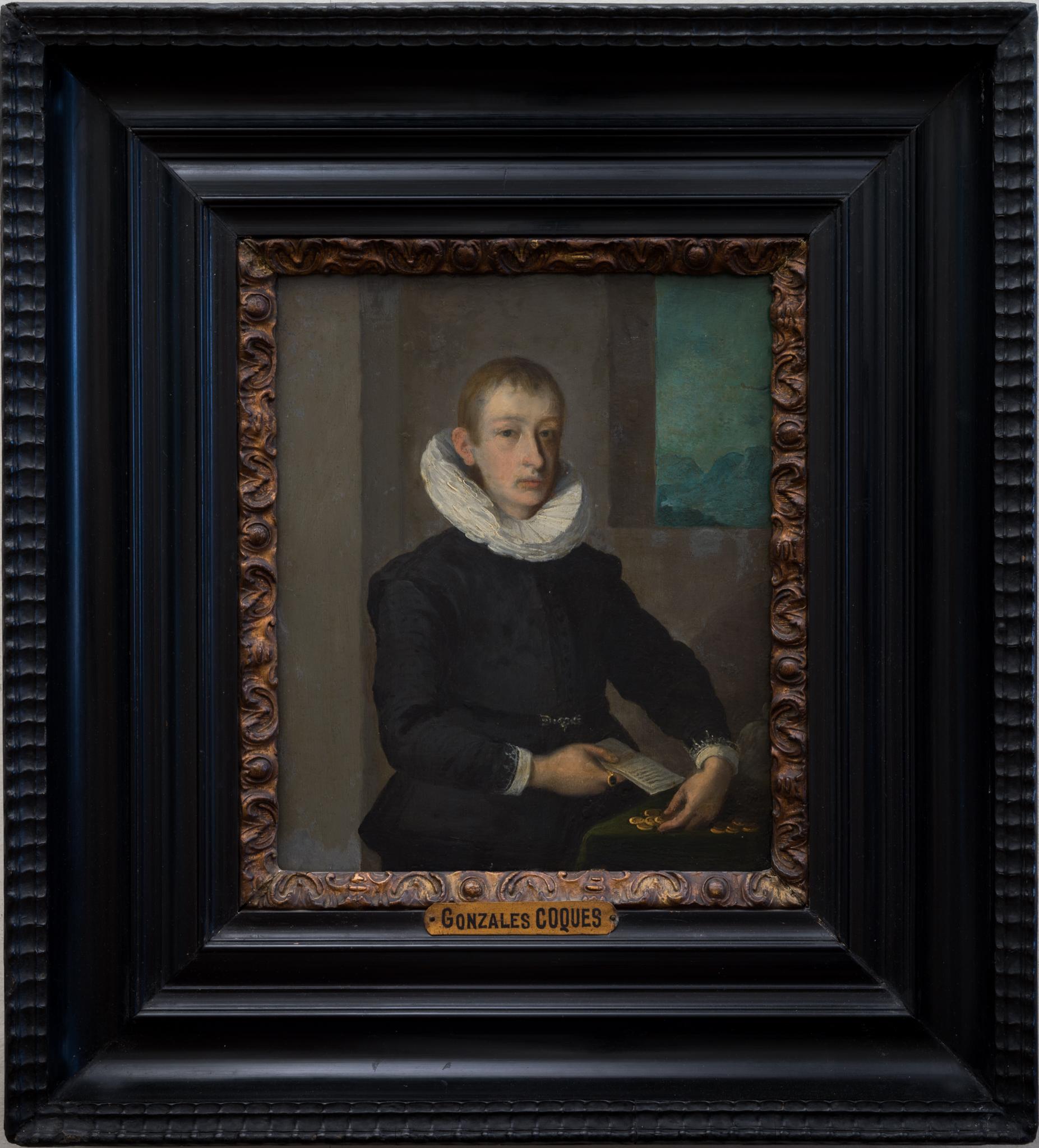 Portrait Painting Gonzales Coques  - Portrait de maître ancien, un garçon en train de porter ses pièces, huile sur cuivre