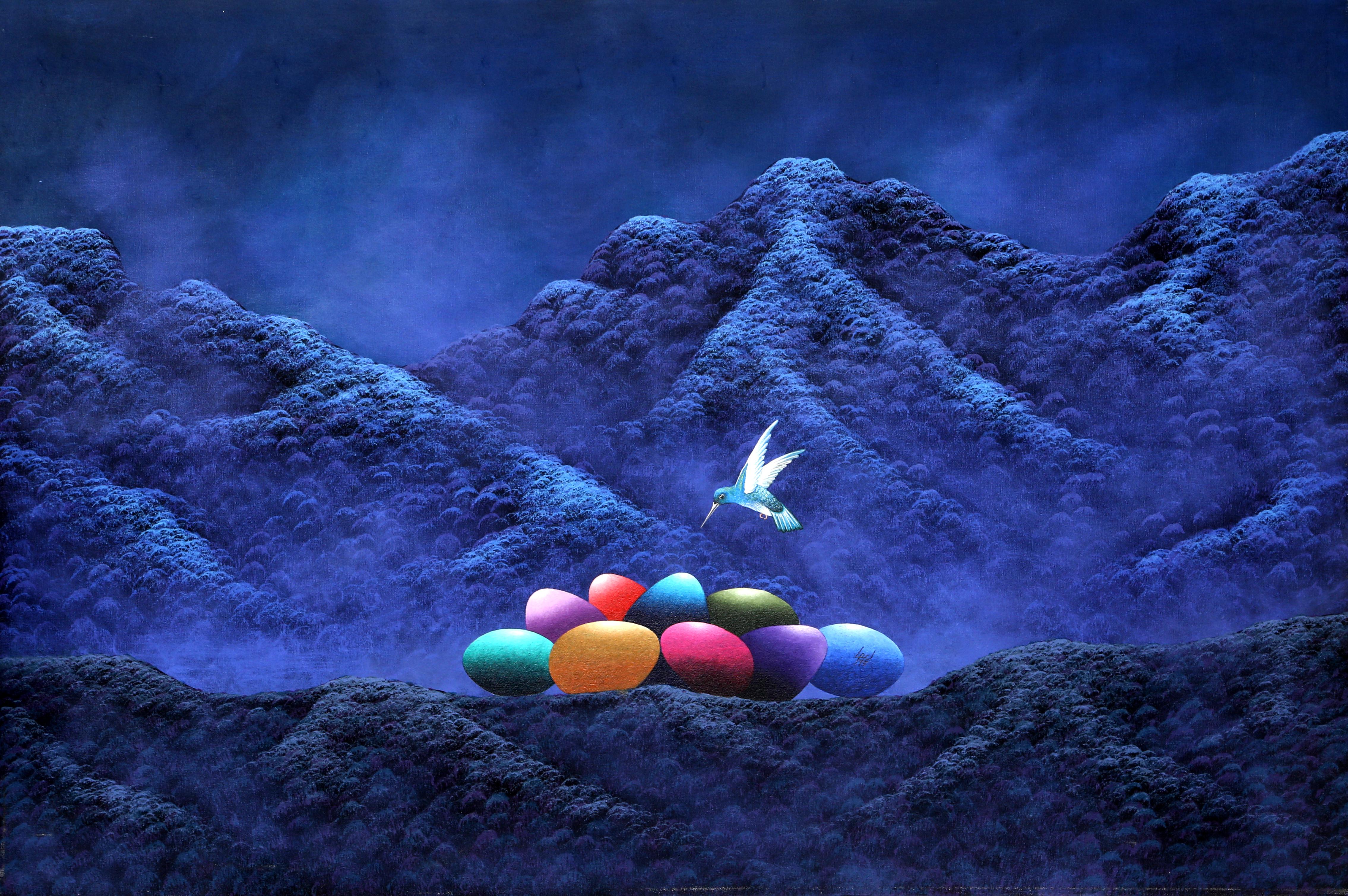Gonzalo Endara Crow Animal Painting - Hummingbird and Colored Eggs