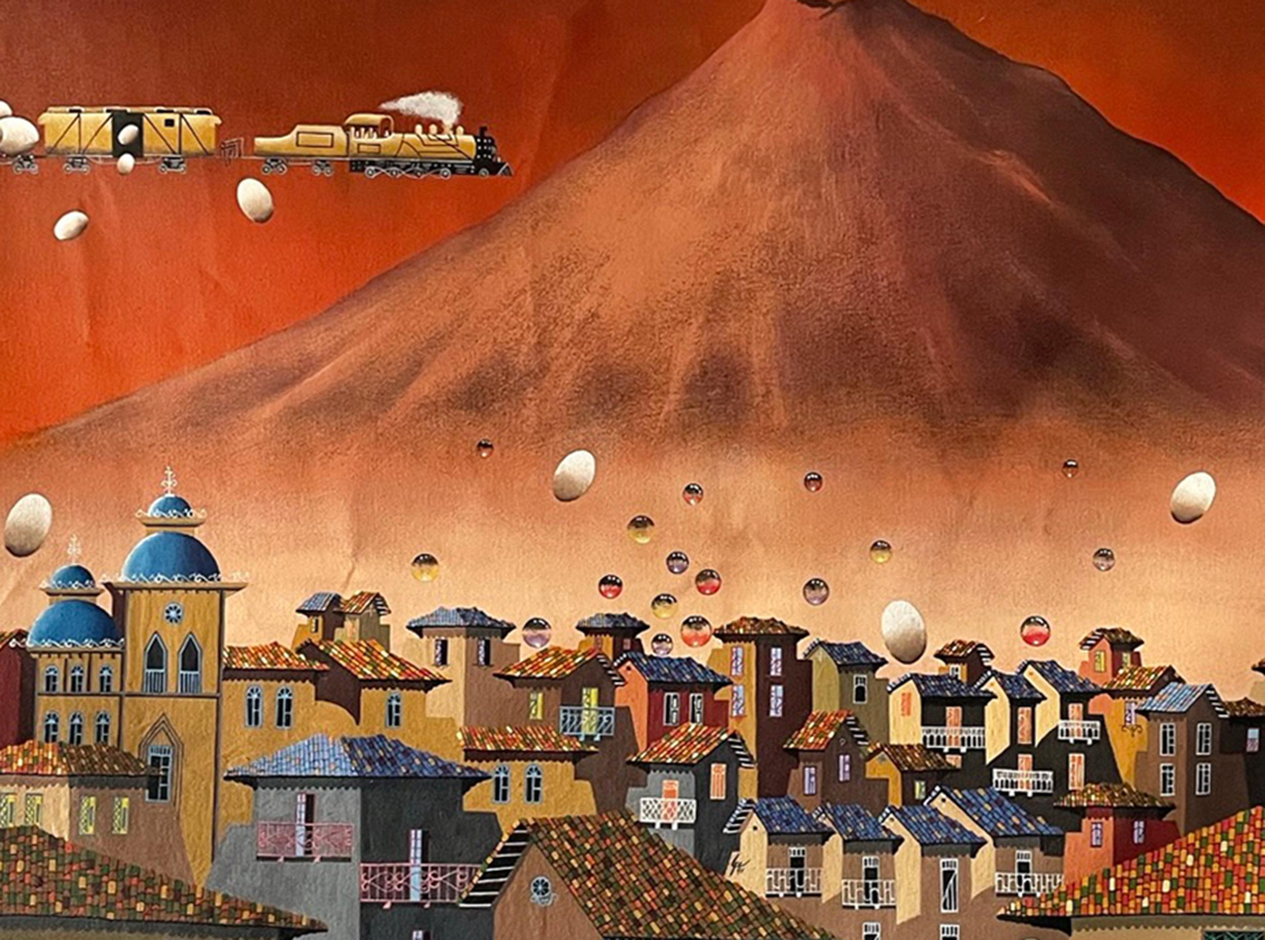 Pueblo cerca del volcán, Acryl auf Leinwand Gemälde von Gonzalo Endara Crow im Angebot 1