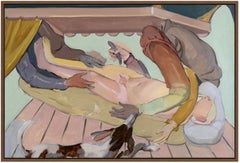 "Autopsia al salvaje I" nude painting, dog, pastel colors