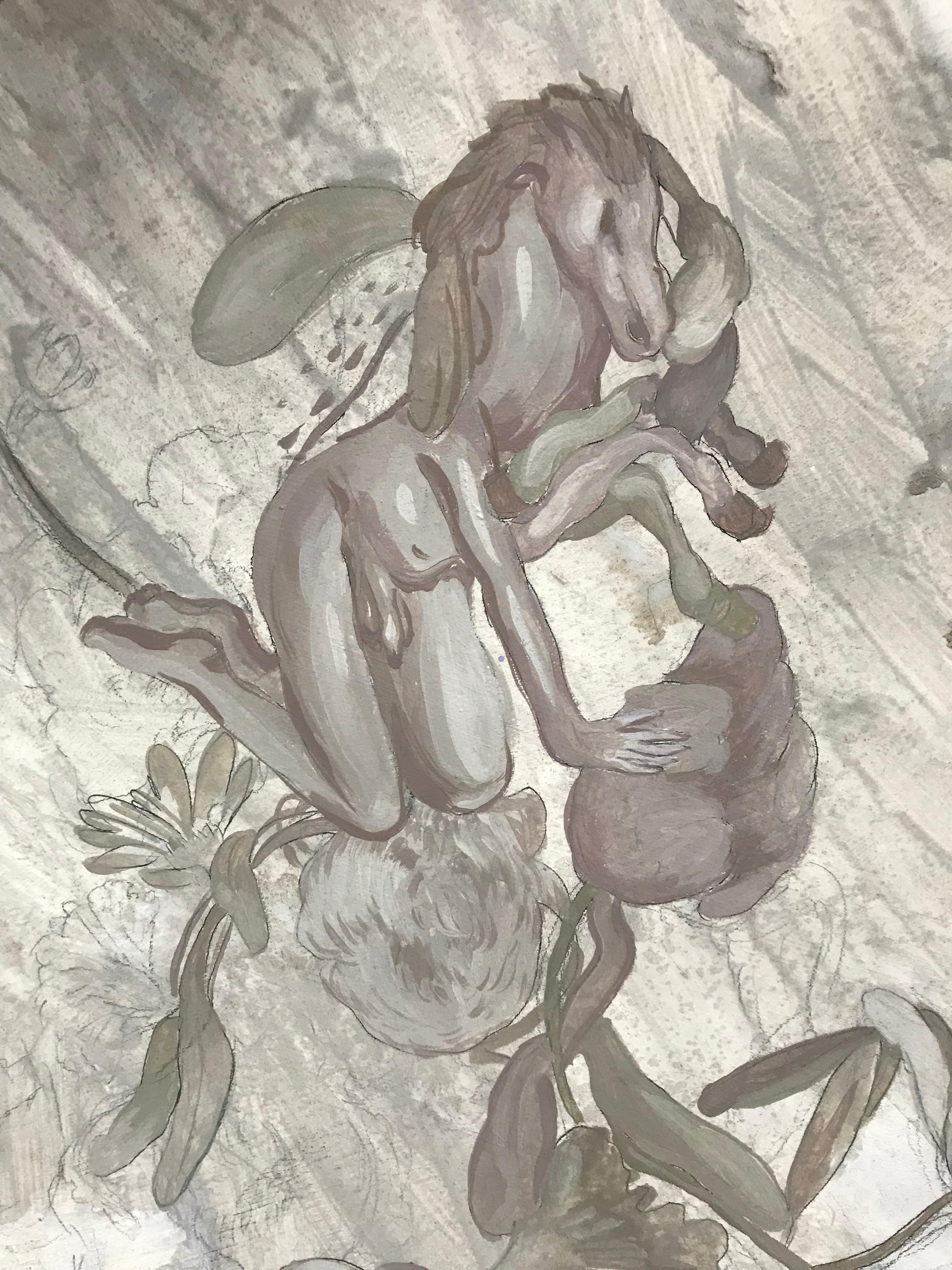 Fragment de mémoire dans l'espace avec centaures / fleurs figuratives et animaux - Painting de Gonzalo García