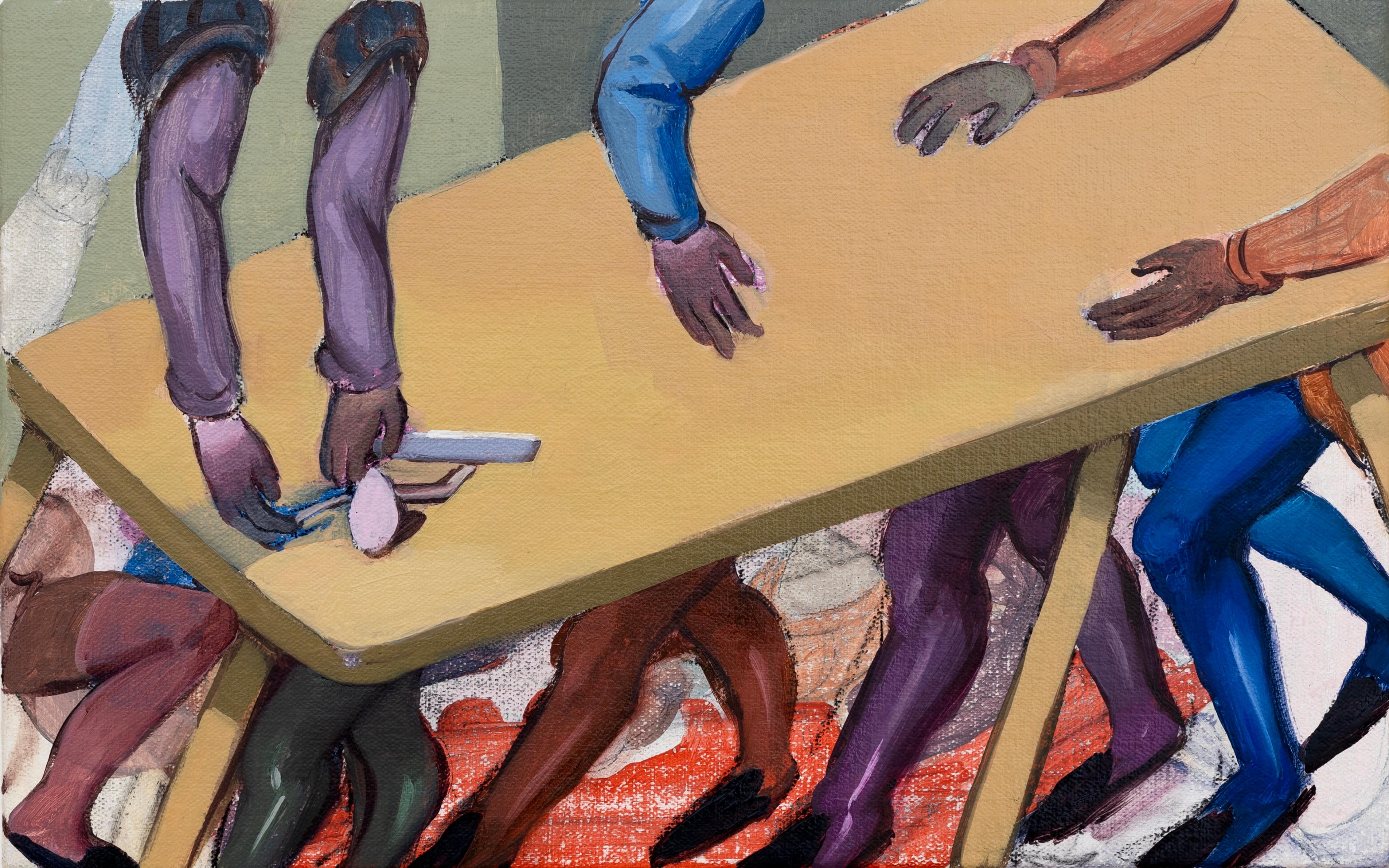 Figurative Painting de Gonzalo García - "La mesa fordista I" manos, beige, surrealista