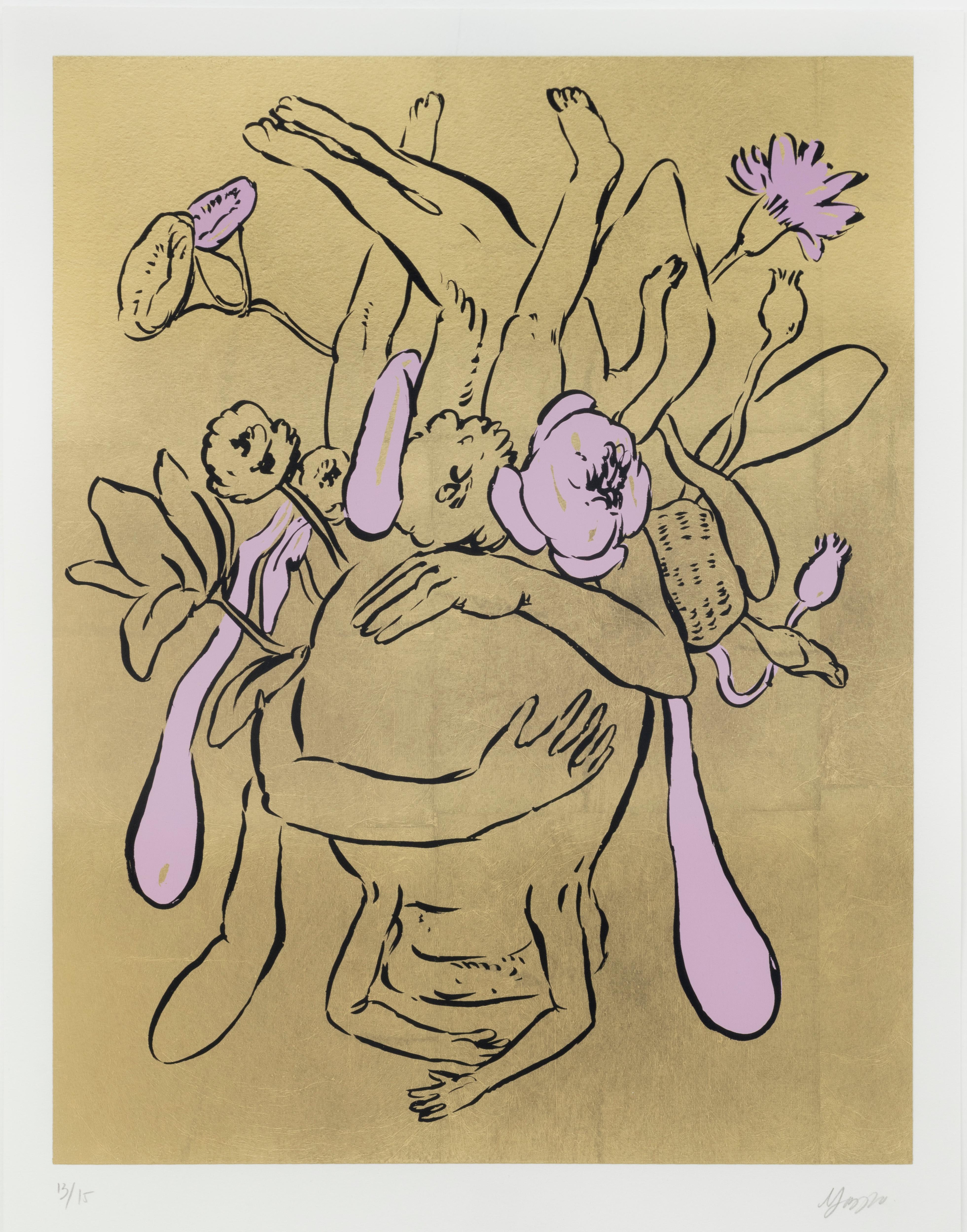 Ohne Titel, Siebdruck mit Blattgold, 50 x 39 cm, Figurative Abstraktion, 2023