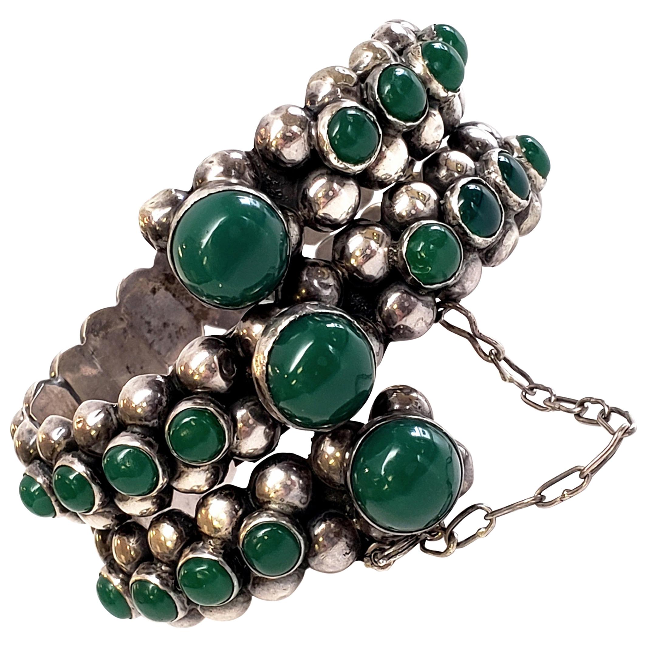 Gonzalo Moreno Mexico Sterling Silver Green Onyx Hinged Bracelet