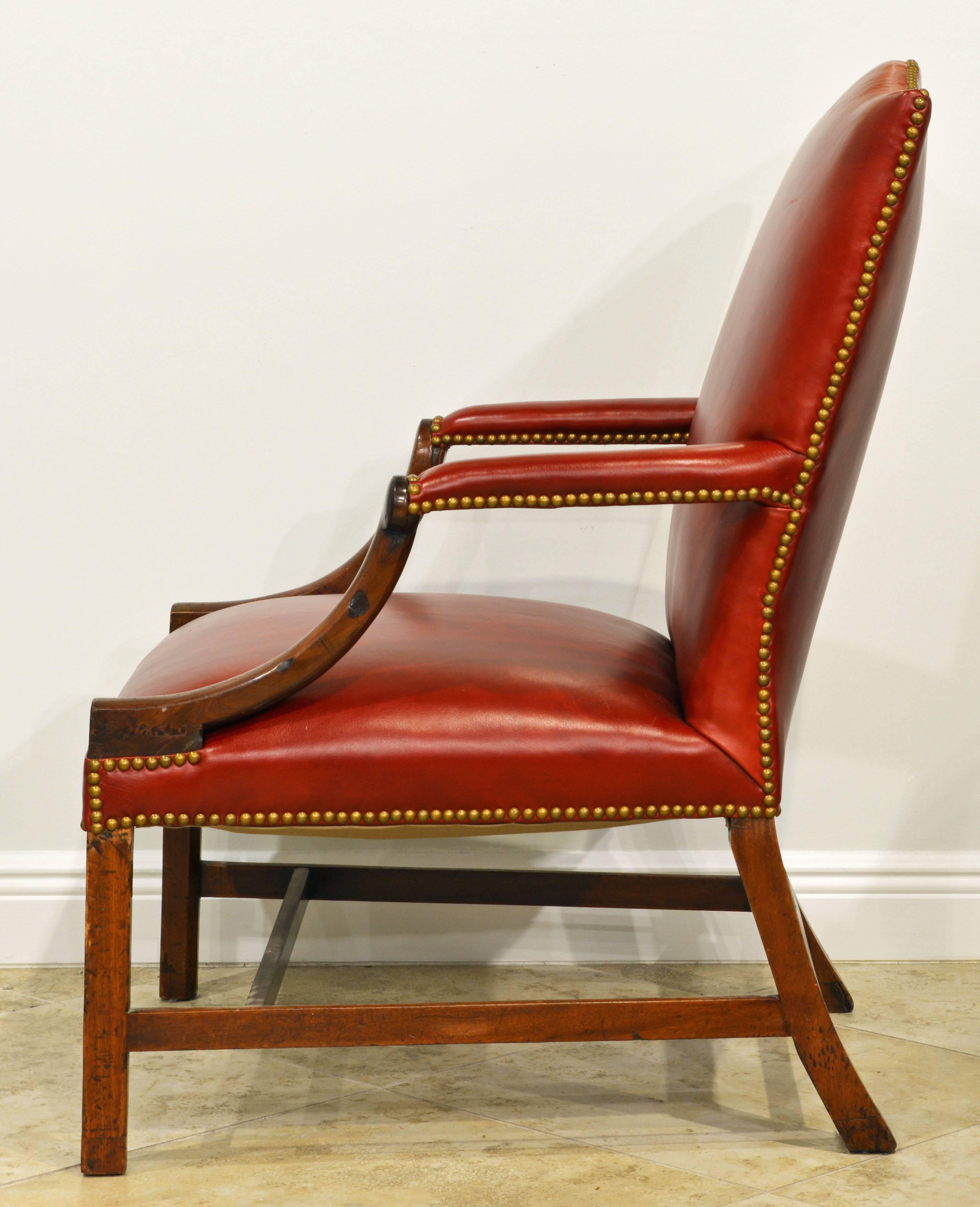 Georgian Good 19th Century Mahogany and Red Leather and Nailhead Trimmed Lolling Chair