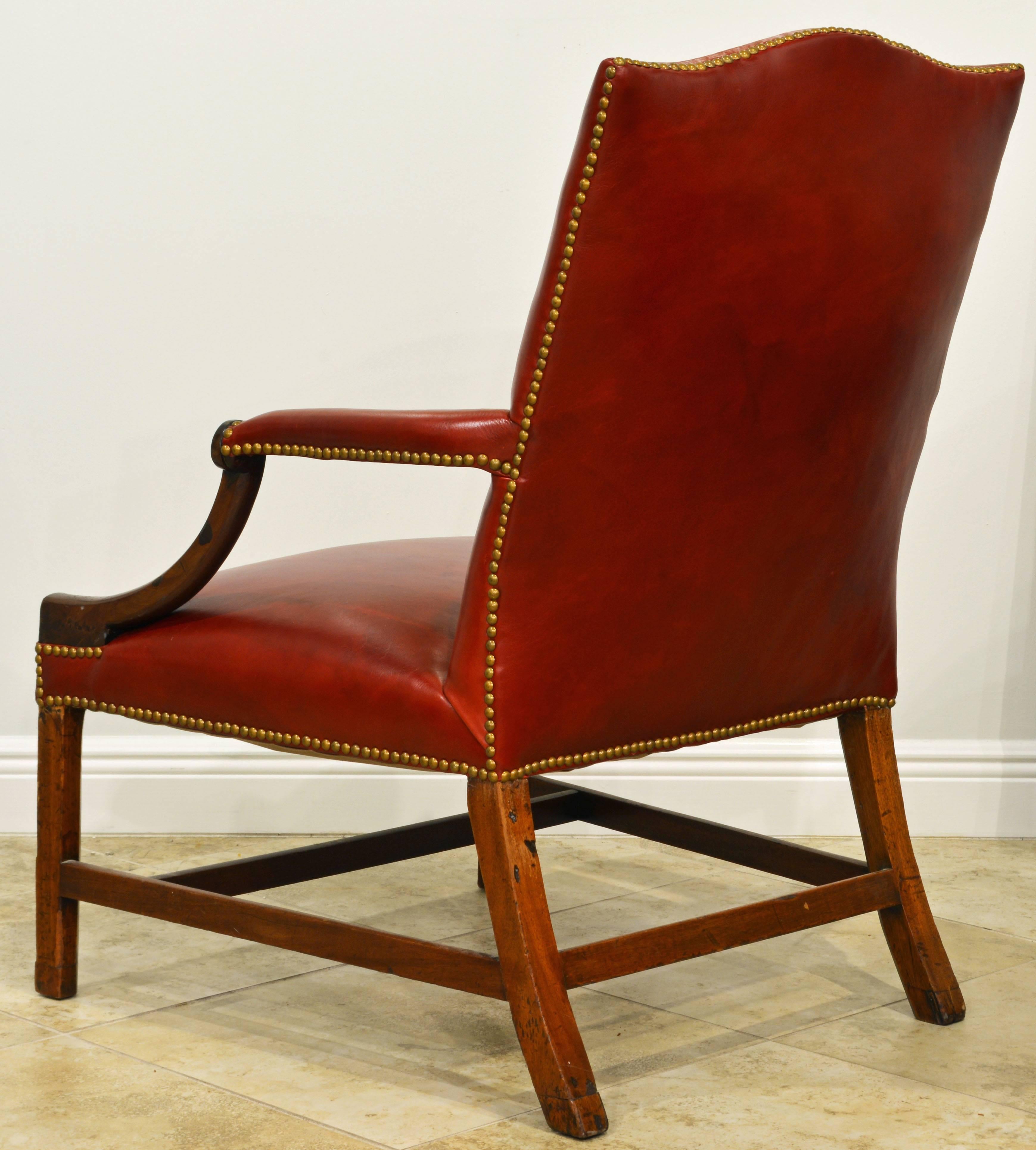 English Good 19th Century Mahogany and Red Leather and Nailhead Trimmed Lolling Chair