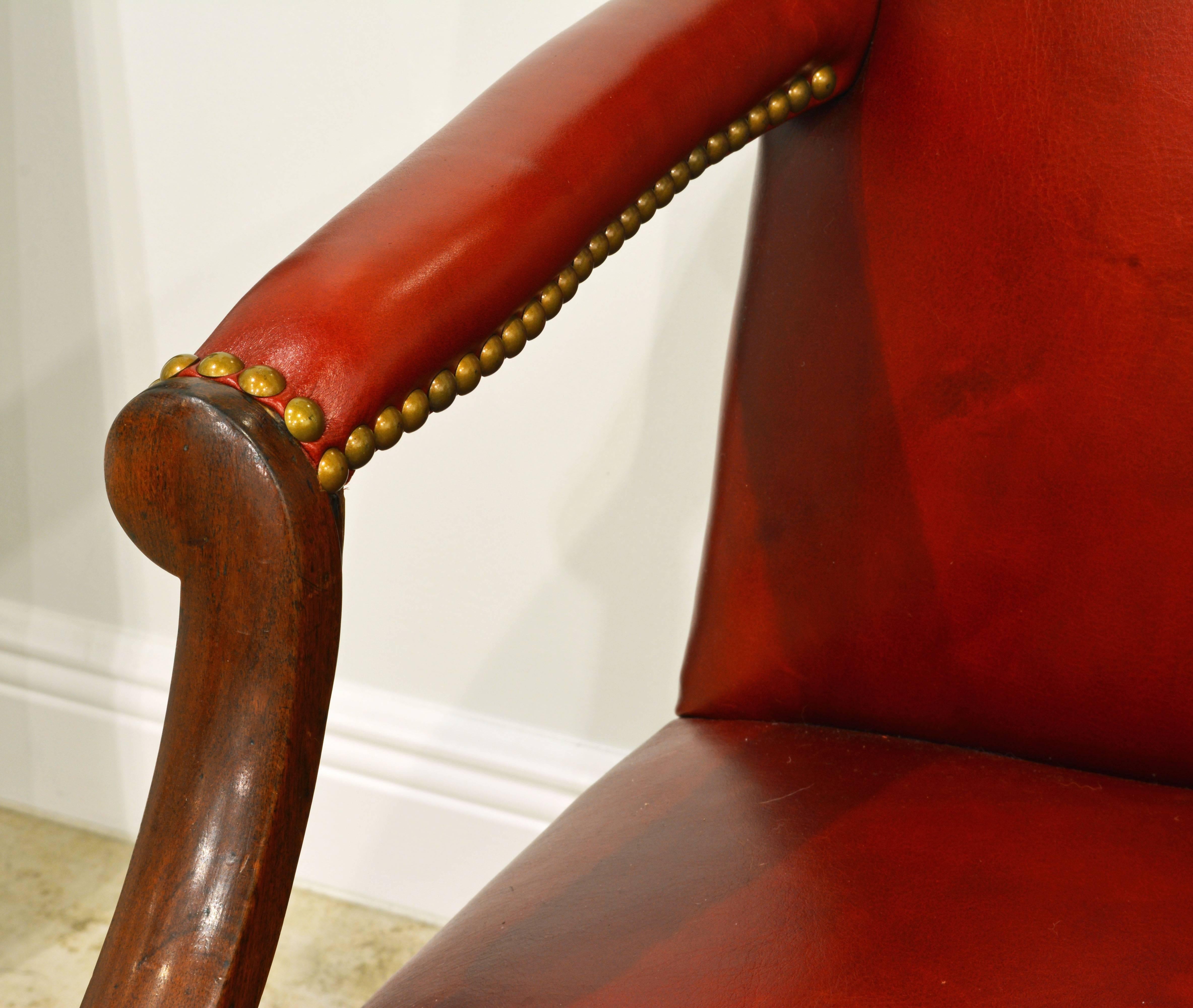 Good 19th Century Mahogany and Red Leather and Nailhead Trimmed Lolling Chair In Good Condition In Ft. Lauderdale, FL