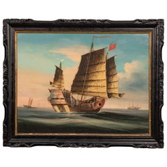 Good and Large Chinese Export Painting of an Ocean Going Junk in Its Original 