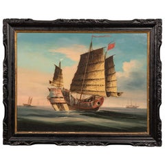 Good and Large Chinese Export Painting of an Ocean Going Junk in Its Original